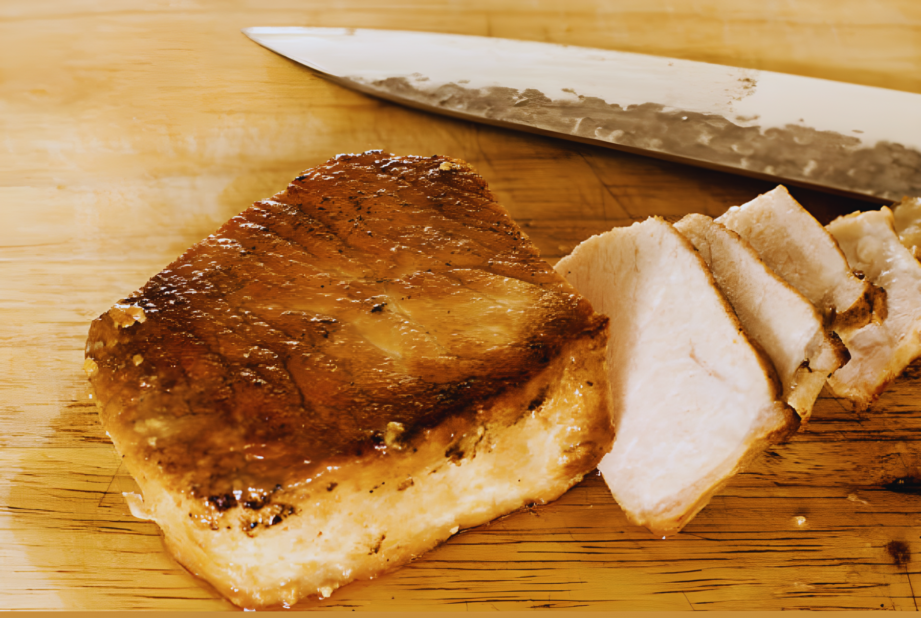 Image of Pro Chefly Damascus chef knife slicing roasted pork loin on wooden cutting board.