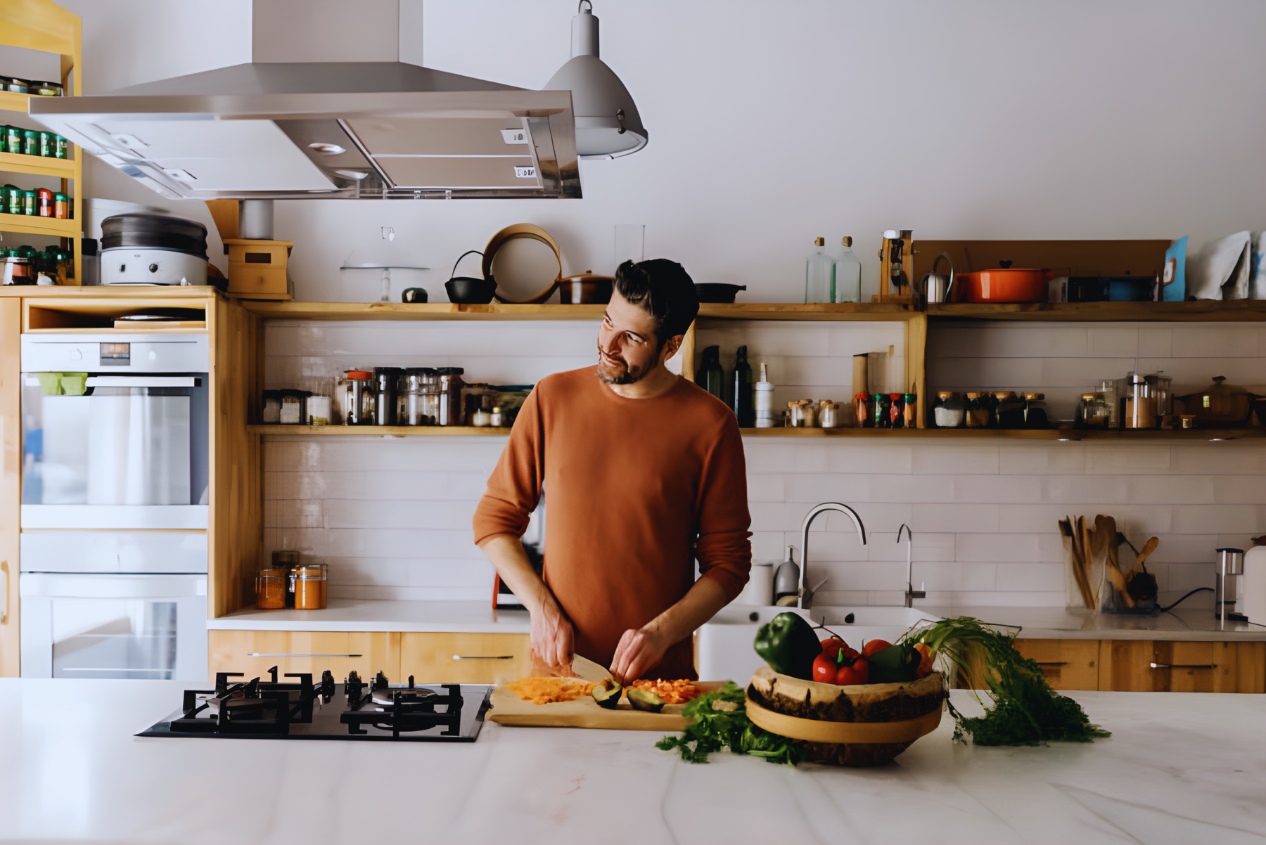 Home chef using Pro Chefly Japanese Damascus chef knife to chop vegetables in modern kitchen.