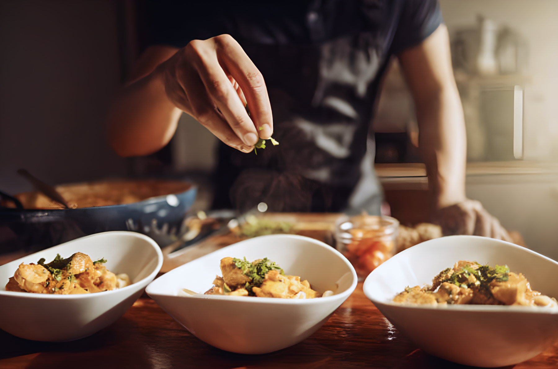Chef finishing pasta bowls with herbs beside Pro Chefly Japanese Damascus chef knife on cutting board.