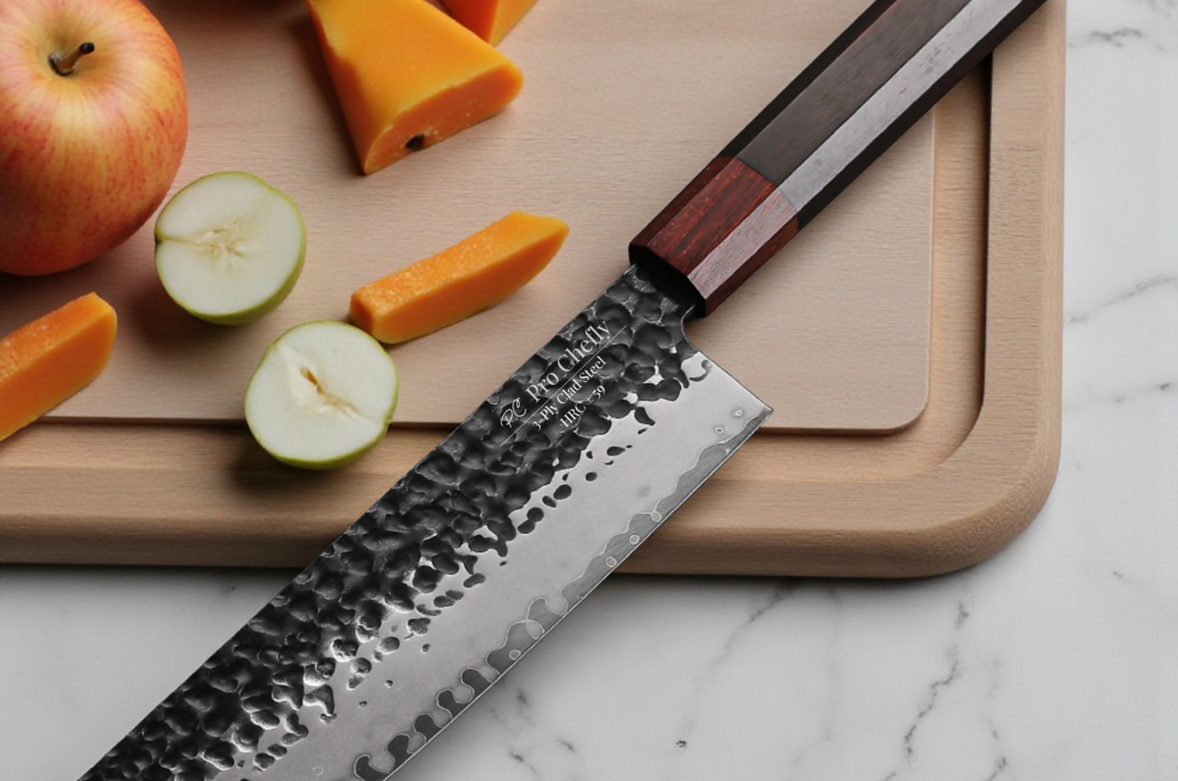 Image of Pro Chefly hammered nakiri knife with a pakkawood handle on a cutting board beside fresh apples and butternut squash.