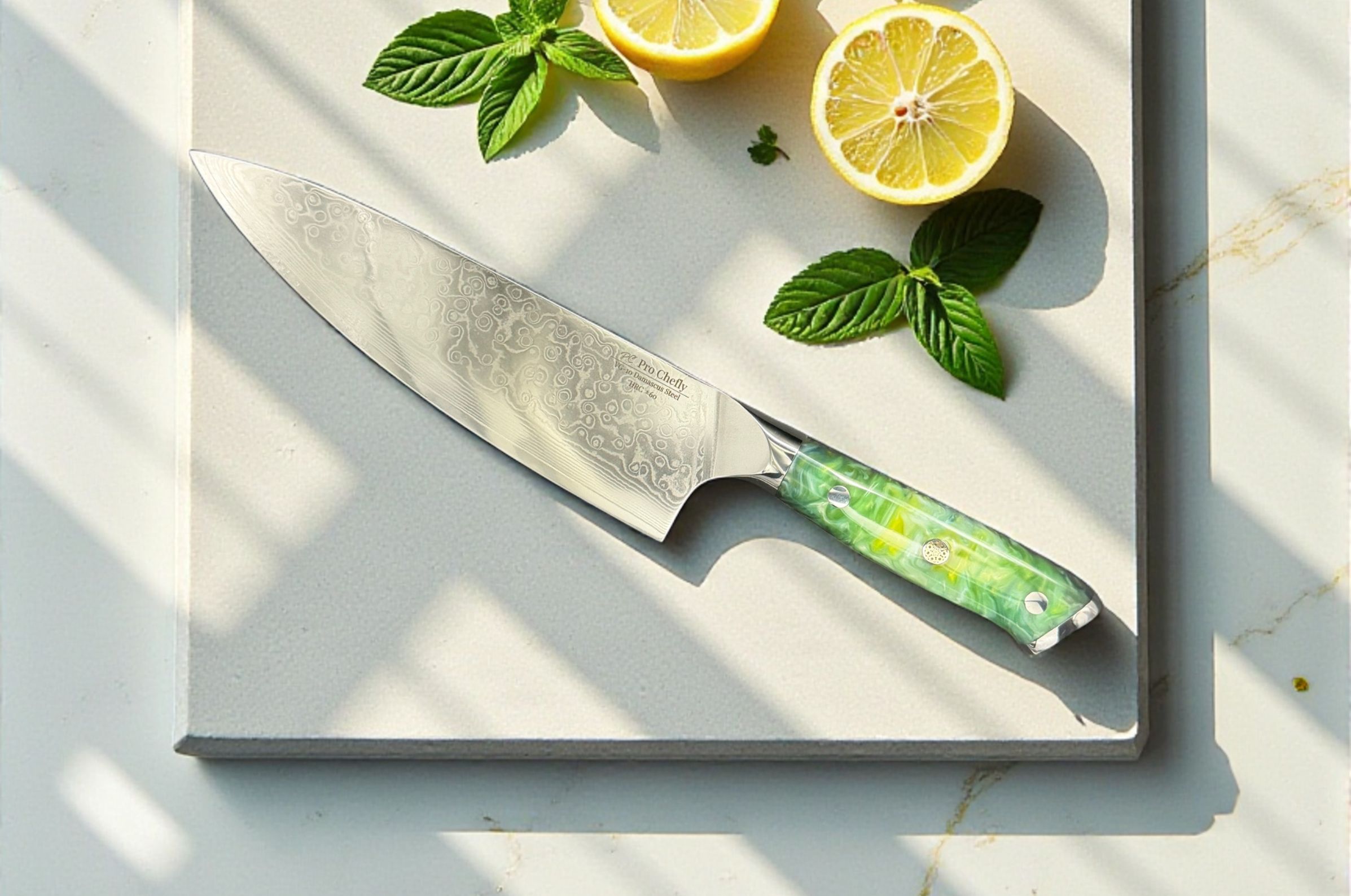 Image of Pro Chefly Damascus chef knife with a green resin handle on a cutting board beside fresh lemons and mint.