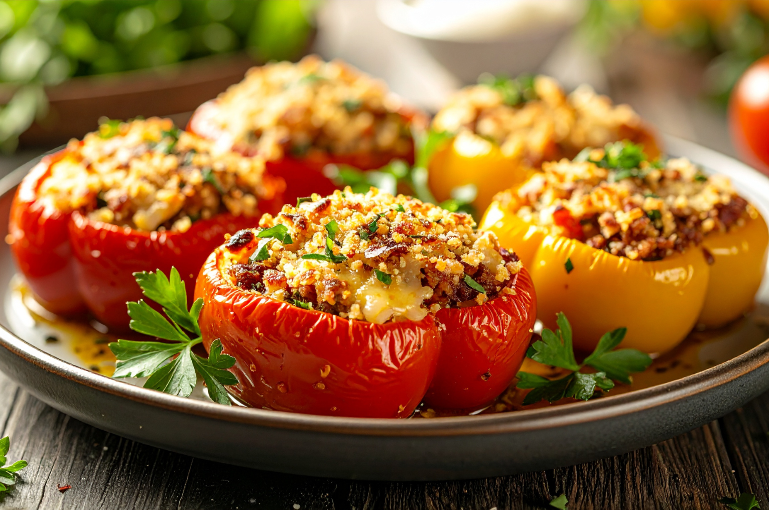 Image of Pro Chefly baked stuffed bell peppers filled with savory beef, rice, melted cheese, and fresh parsley.