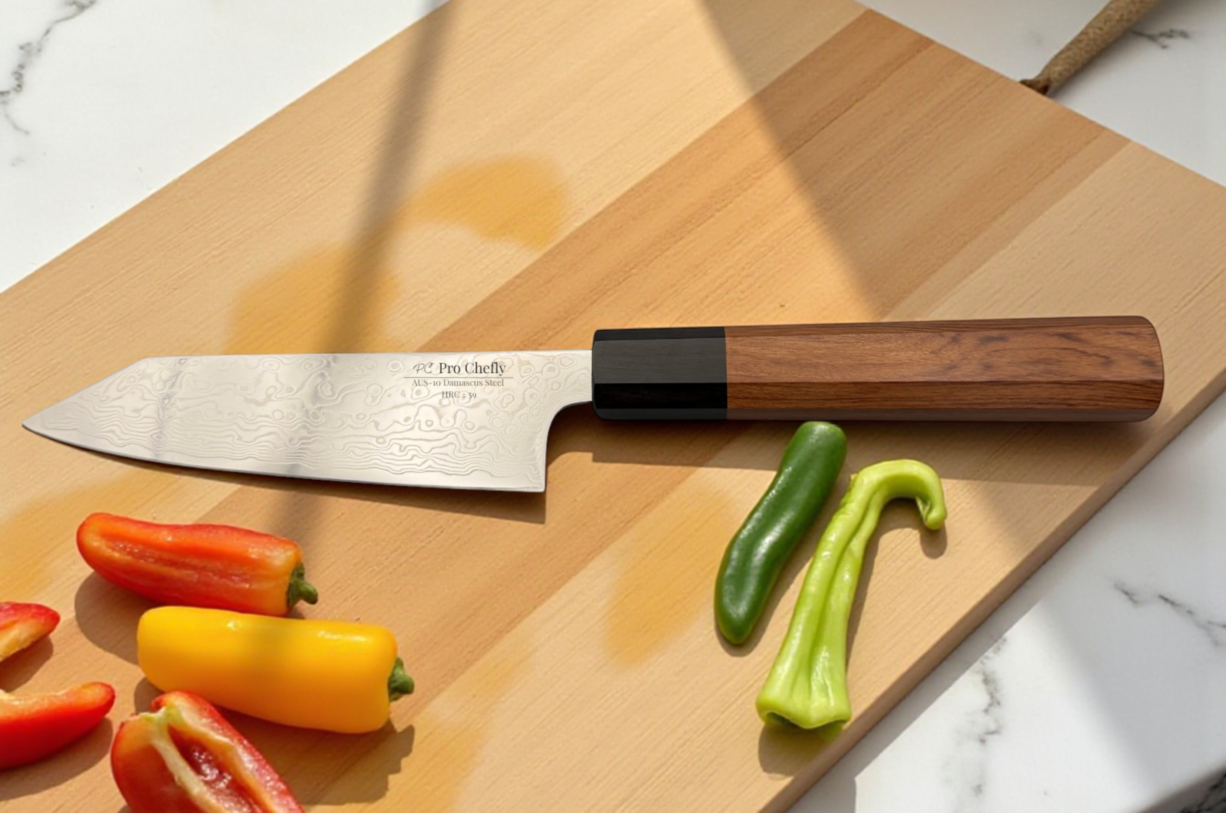 Image of Pro Chefly Damascus bunka knife with a walnut handle on a wooden cutting board beside fresh mini peppers and green chilies.
