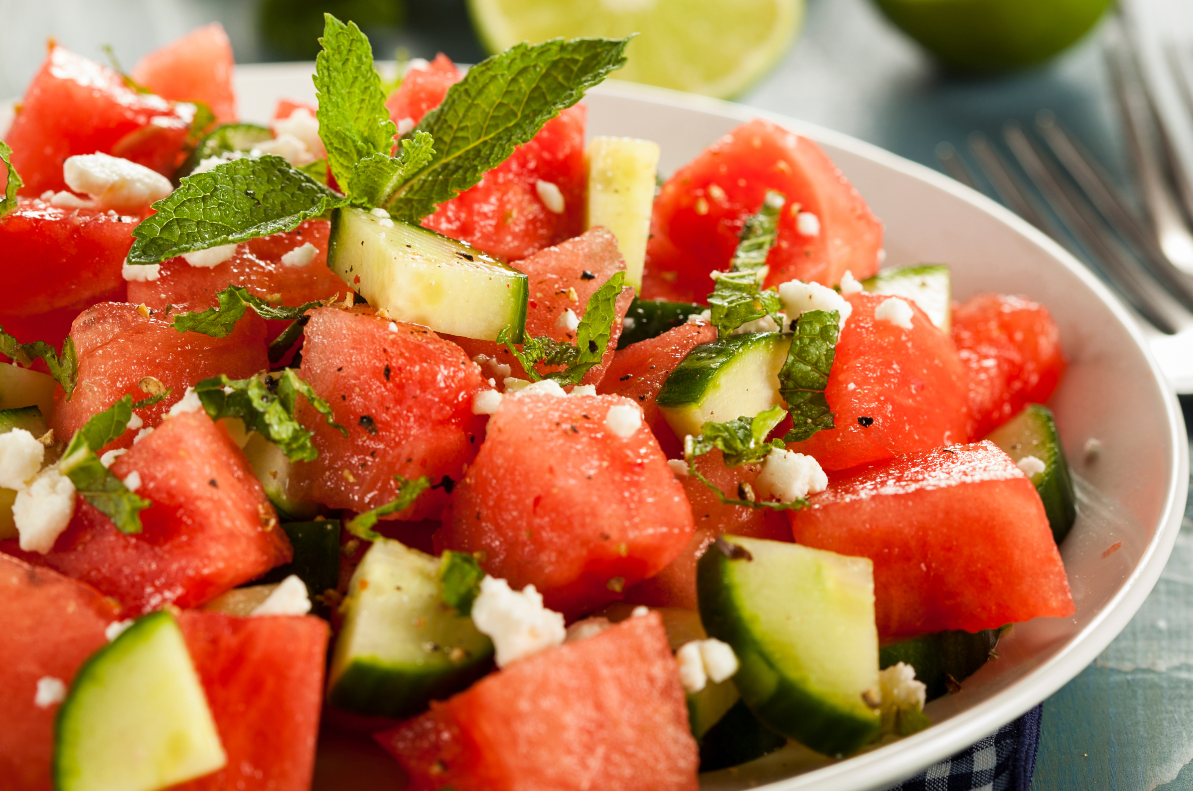 Image of Pro Chefly watermelon cucumber salad with feta, fresh mint, and juicy watermelon for an easy summer recipe.