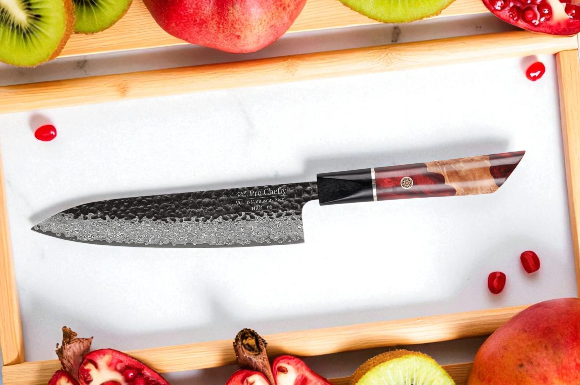 Image of Pro Chefly Damascus chef knife displayed with fresh fruit, highlighting Japanese VG-10 Damascus steel, hammered blade finish, and artisan handle craftsmanship.