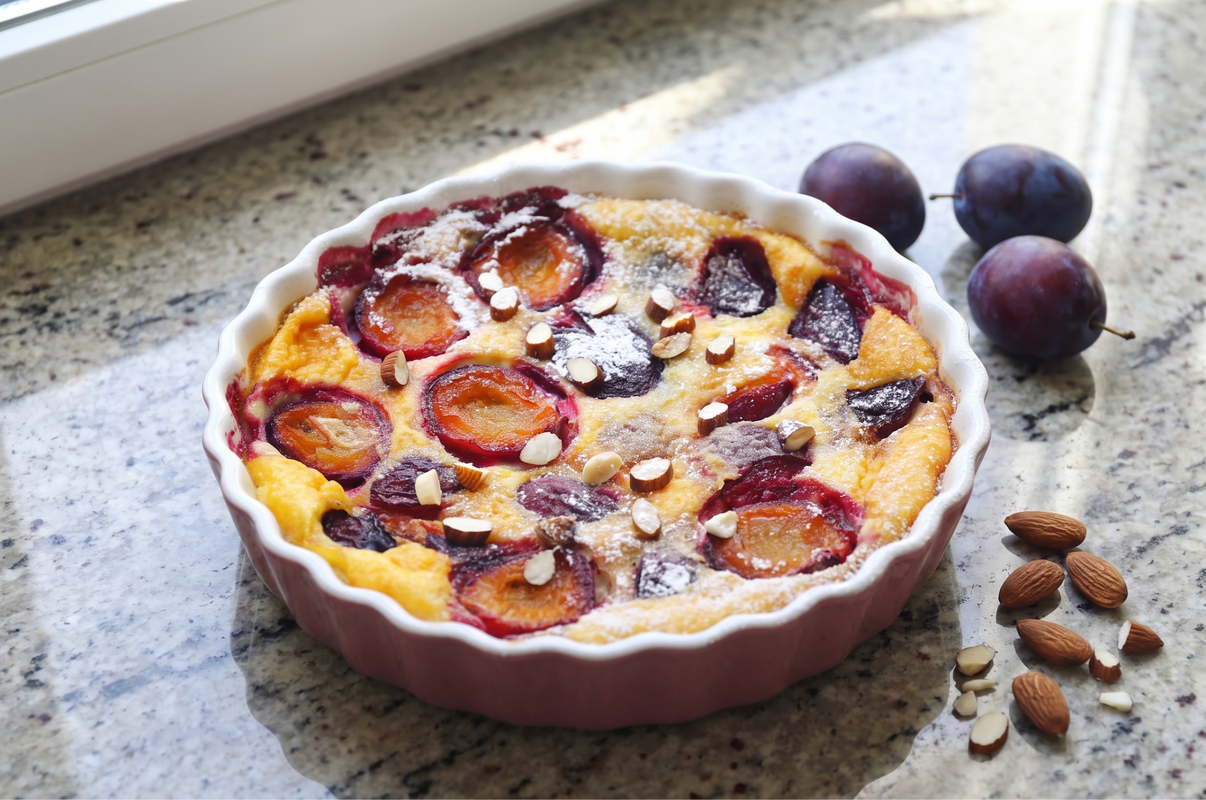 Image of Pro Chefly plum tart topped with fresh plums and sliced almonds, finished with a light dusting of powdered sugar.