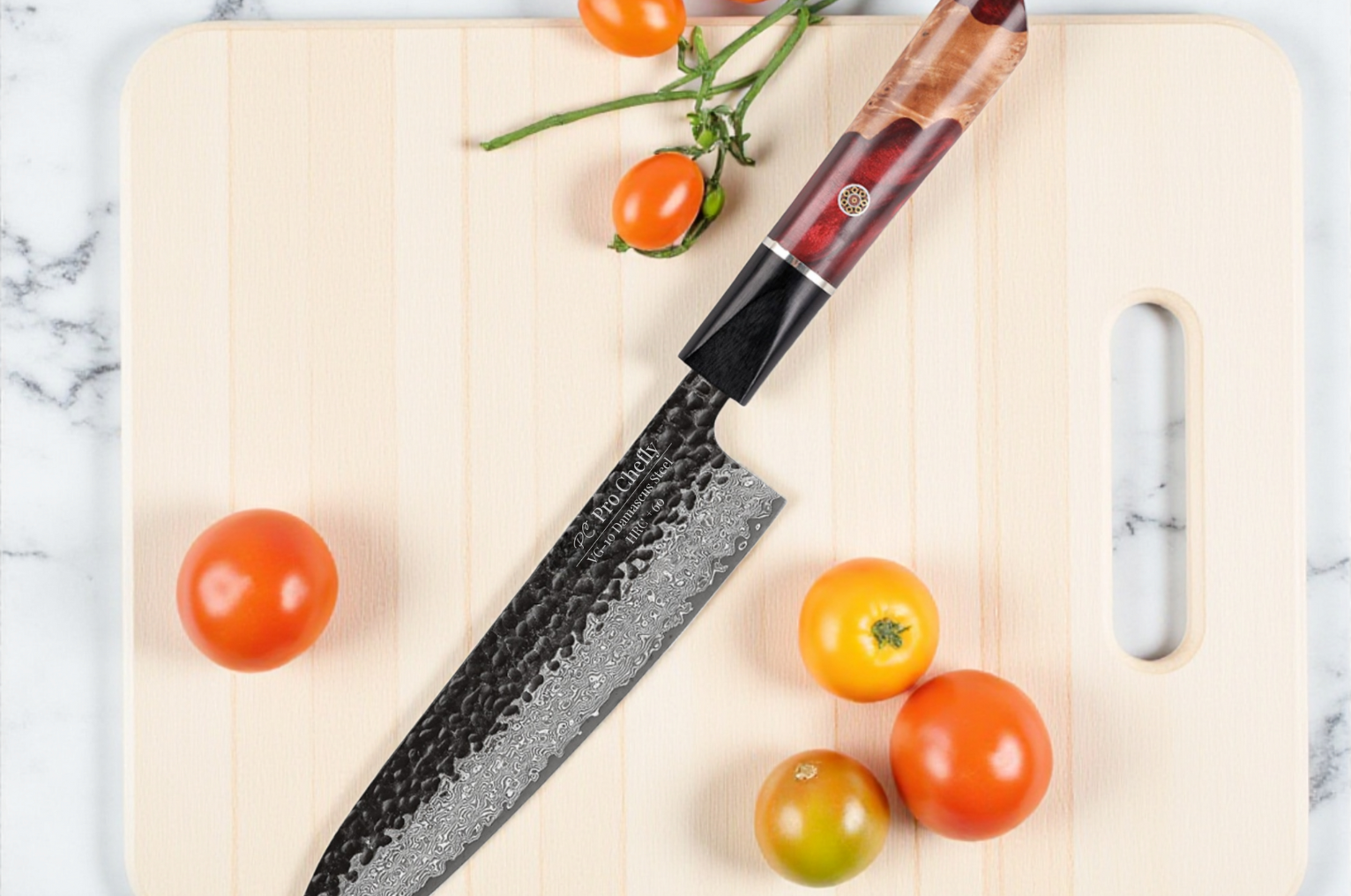 Image of Pro Chefly Japanese Damascus gyuto knife on a wooden cutting board with cherry tomatoes, highlighting sharp precision and clean vegetable prep.