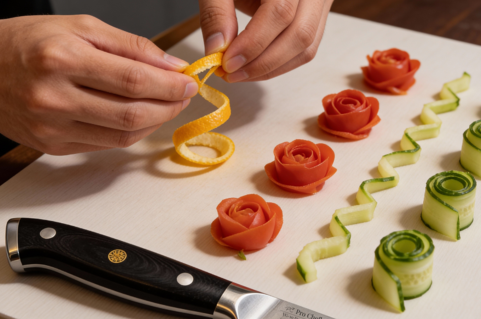 Image of Pro Chefly Damascus knife used for precision garnishing, creating citrus twists and vegetable roses with Japanese knife craftsmanship and chef-level control.