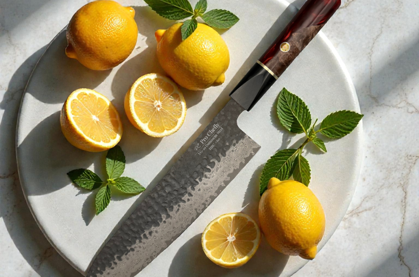 Image of Pro Chefly VG-10 Damascus Japanese chef knife with hammered blade and fresh lemons on marble, highlighting sharp precision and premium craftsmanship.