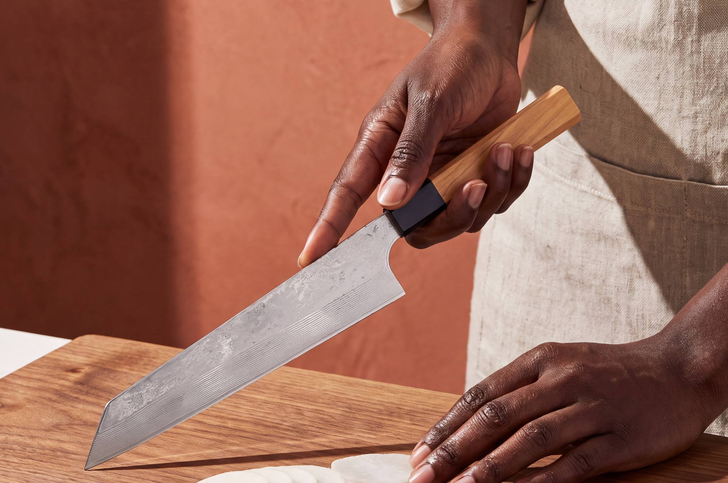 Image of Pro Chefly Kiritsuke knife with a Japanese-style blade and wooden handle slicing fresh vegetables on a cutting board.