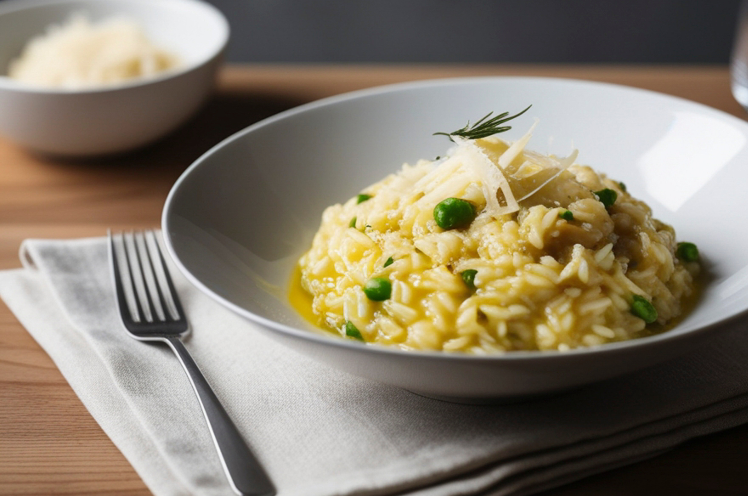 Image of Pro Chefly creamy lemon risotto with green peas and shaved Parmesan, plated in a white bowl on a wooden table with soft natural lighting, showcasing rich texture and elegant presentation