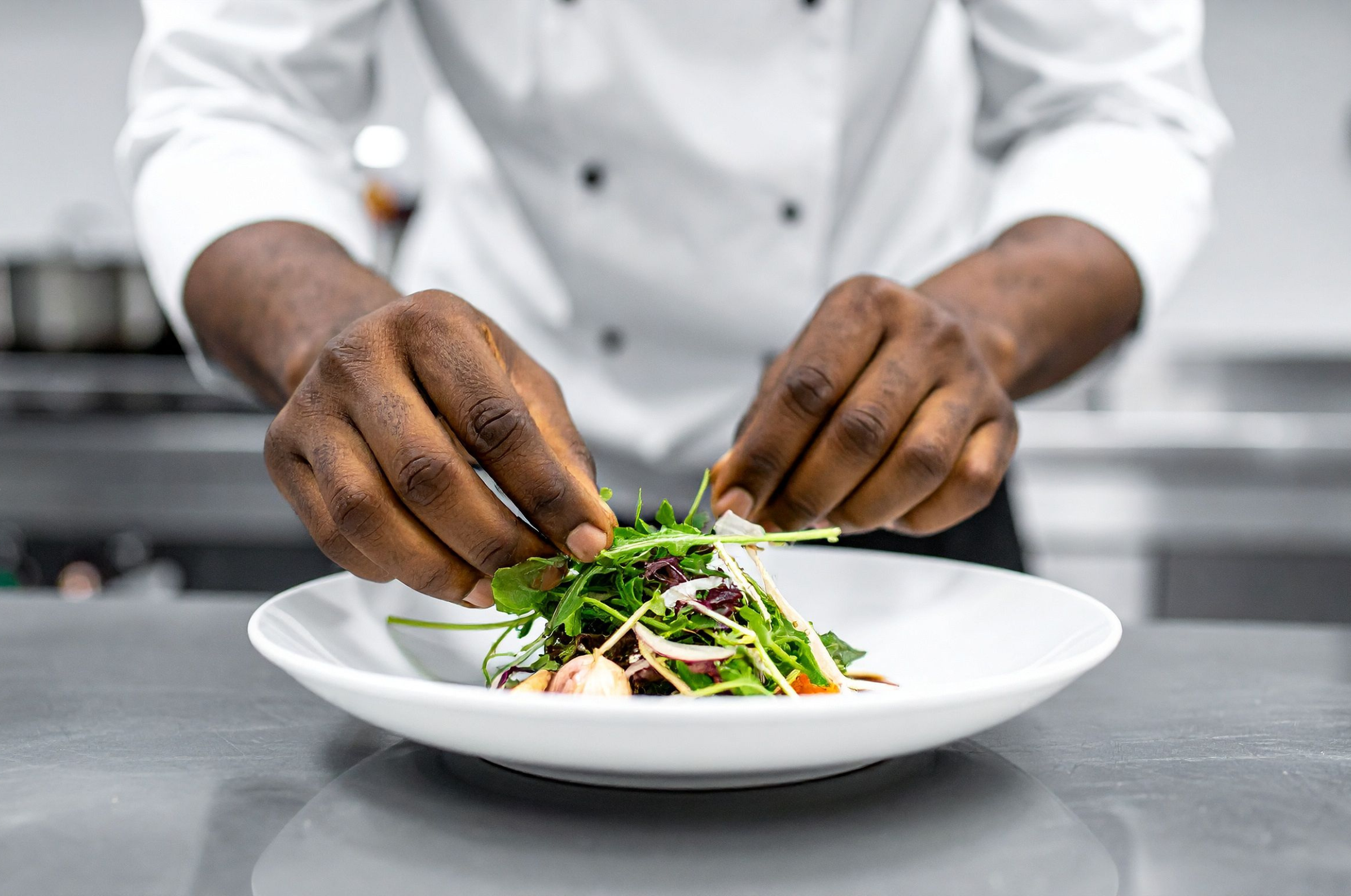 Image of Pro Chefly chef plating a fresh mixed greens salad, showcasing refined presentation, careful technique, and professional kitchen craftsmanship.