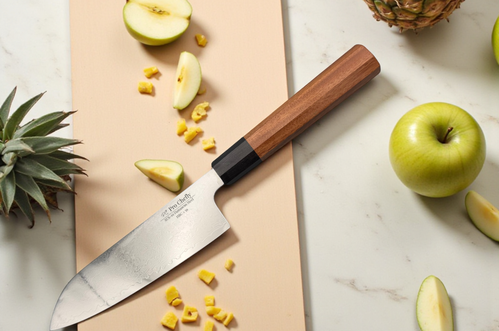 Image of Pro Chefly Damascus santoku knife with a wood handle resting on a cutting board, slicing fresh apples and pineapple on a bright marble countertop.