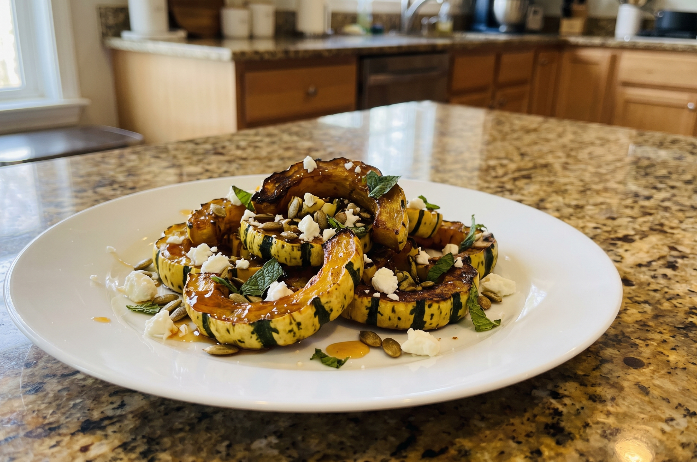 Image of Pro Chefly roasted delicata squash with feta, pumpkin seeds, fresh mint, and a sweet honey drizzle.