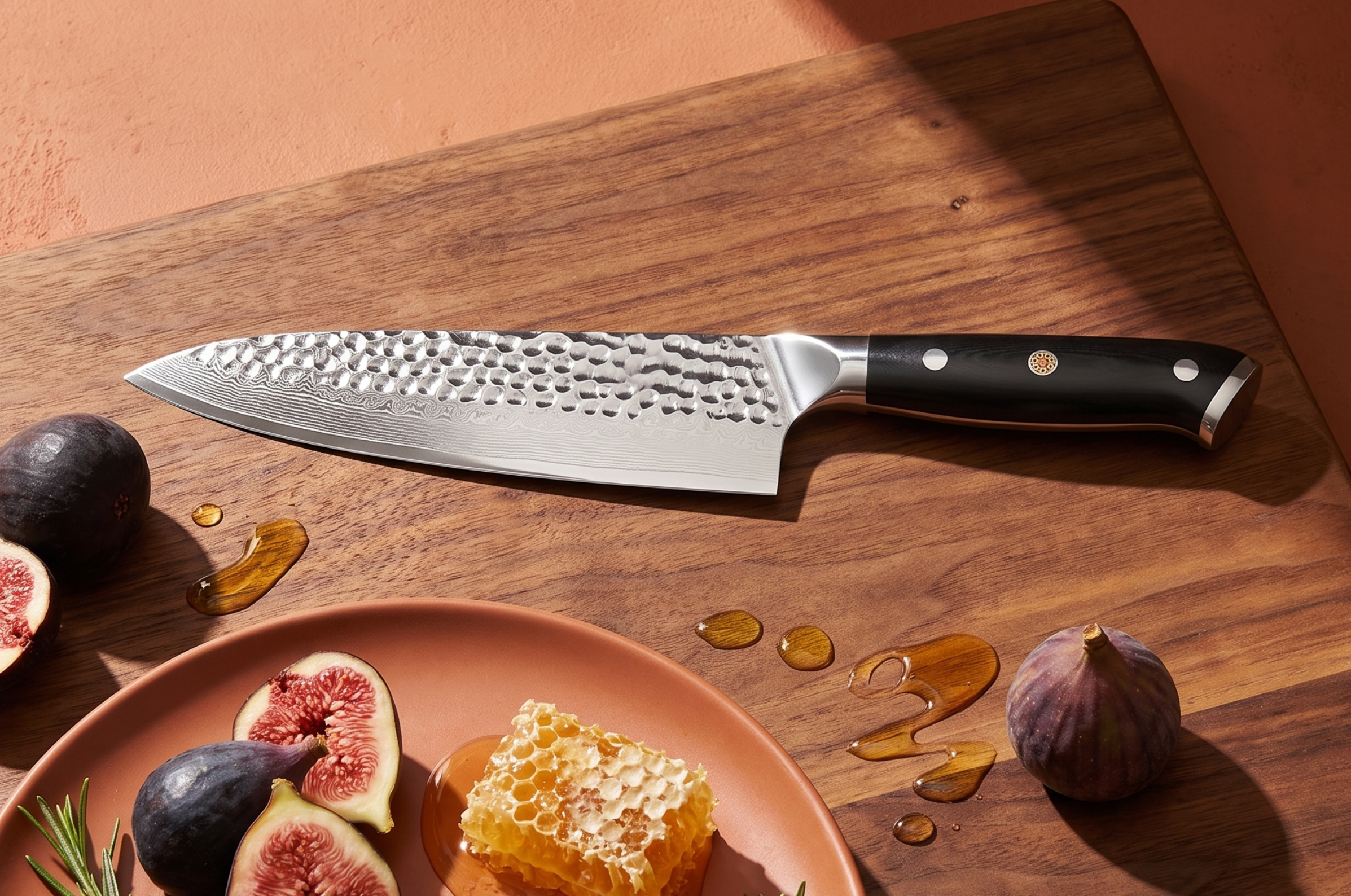 Image of Pro Chefly Damascus chef knife with hammered blade displayed alongside fresh figs, honeycomb, and golden honey.