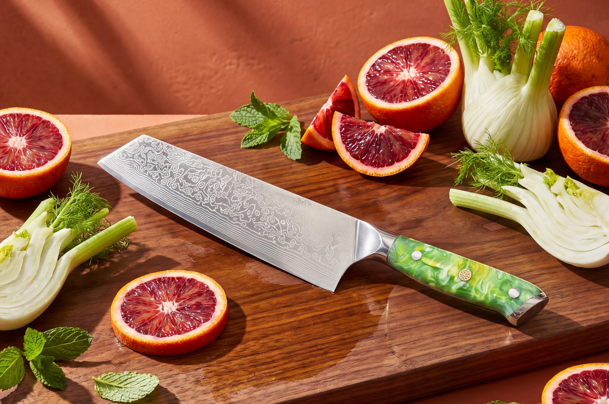 Image of Pro Chefly Damascus Kiritsuke knife with green handle displayed alongside blood oranges, fresh fennel, and mint.