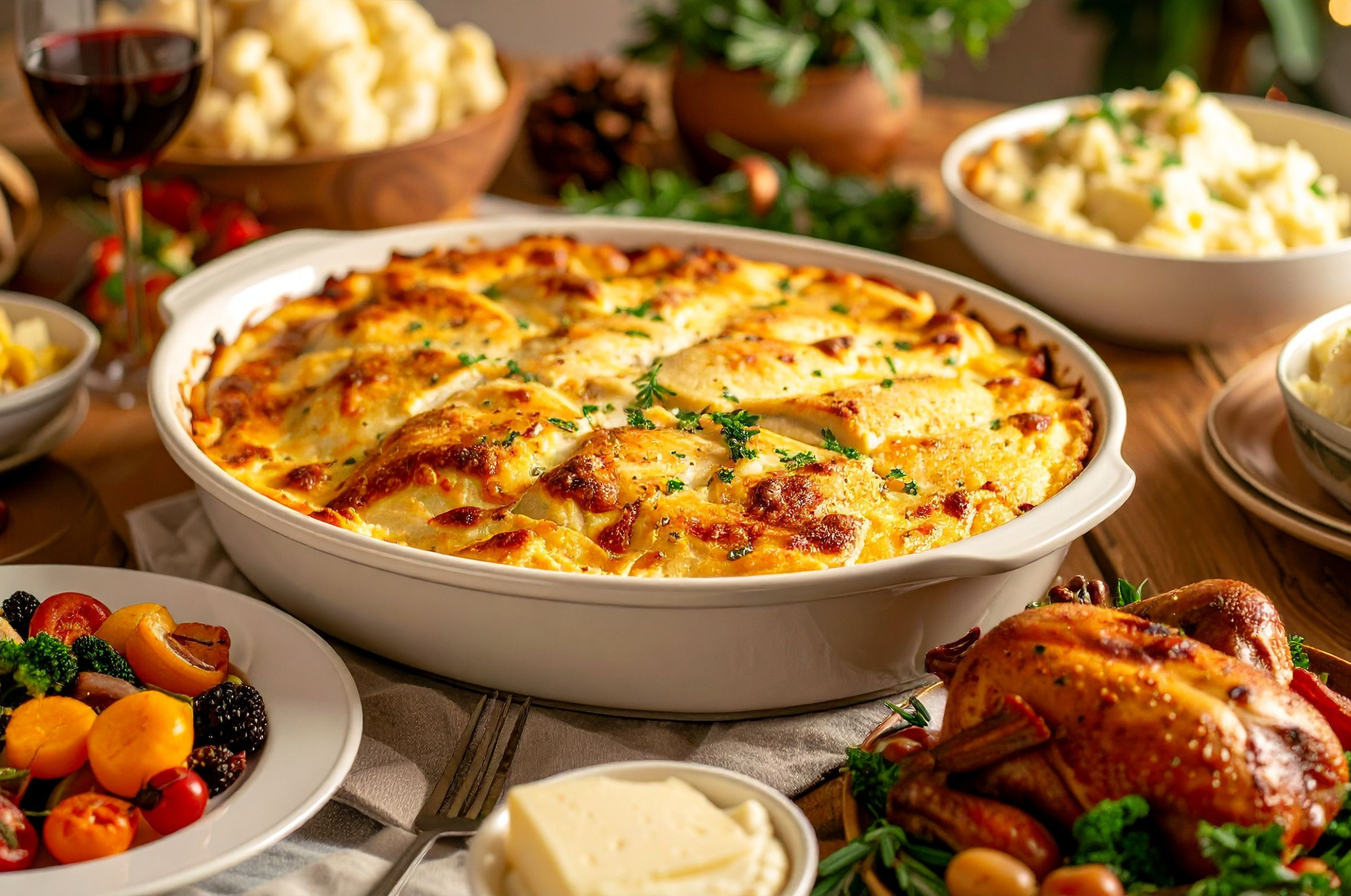Image of Pro Chefly golden baked casserole in a white dish on a rustic holiday table with roasted chicken, vegetables, and red wine.