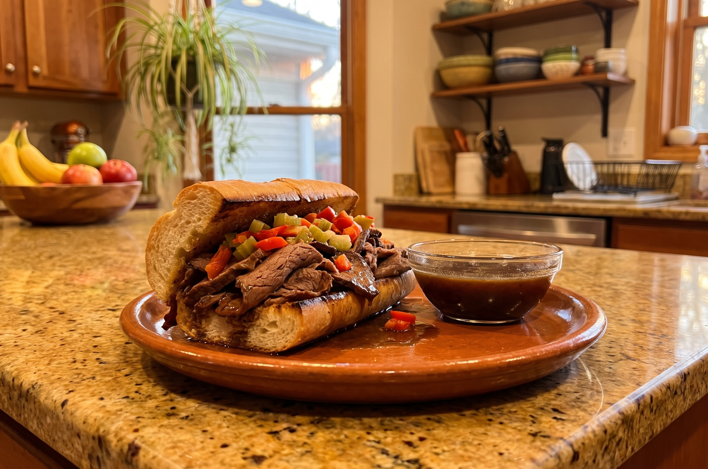 Image of Pro Chefly Italian beef sandwich piled with tender sliced beef, giardiniera peppers, and savory au jus for dipping.
