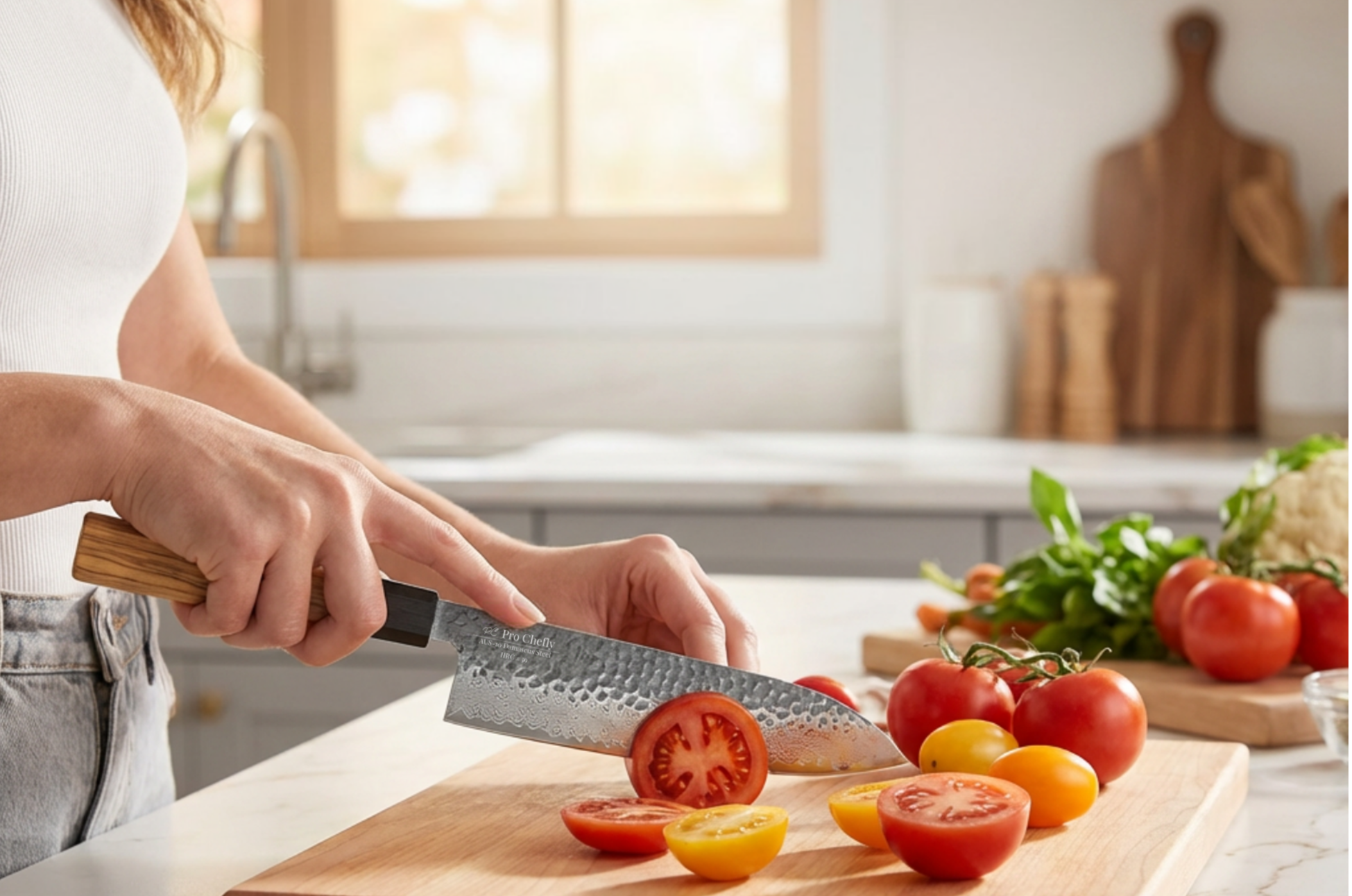 Image of Pro Chefly Japanese Damascus chef knife slicing fresh tomatoes on a wooden cutting board in a bright kitchen.