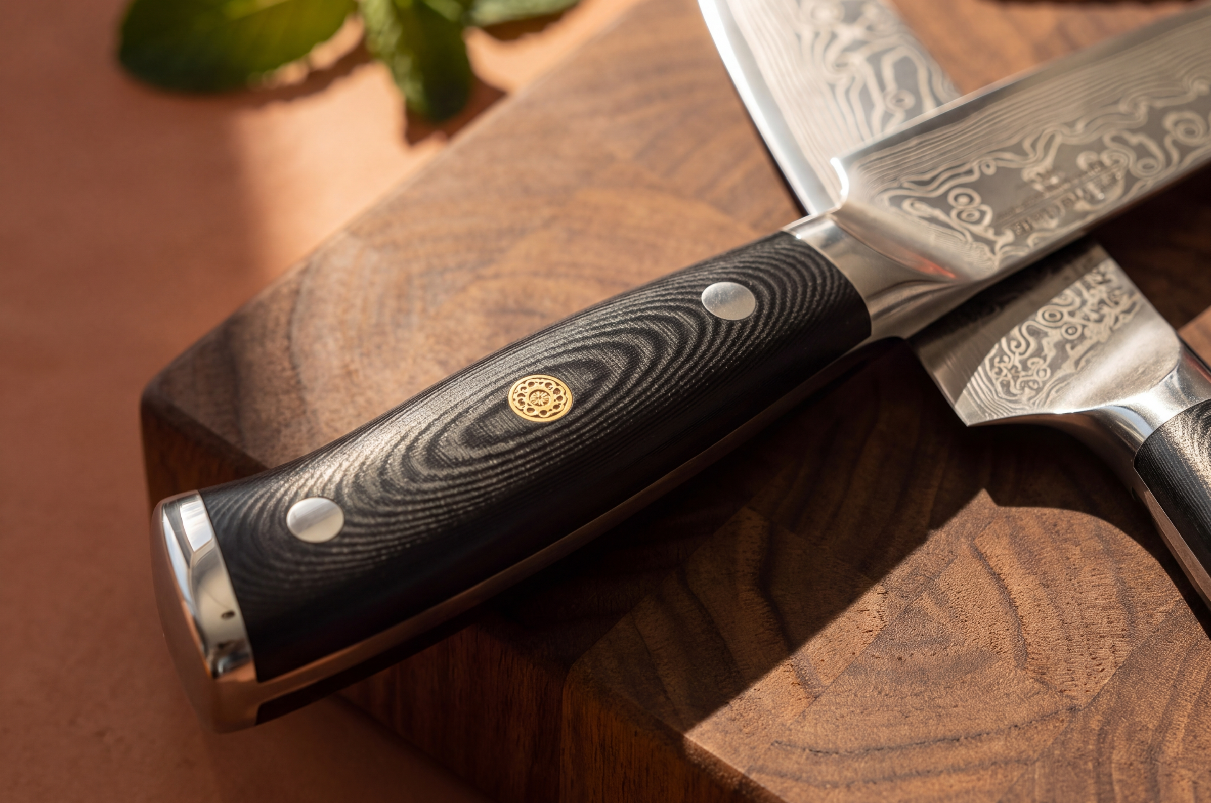 Image of Pro Chefly Damascus chef knives with black Western handles displayed on a wooden cutting board.