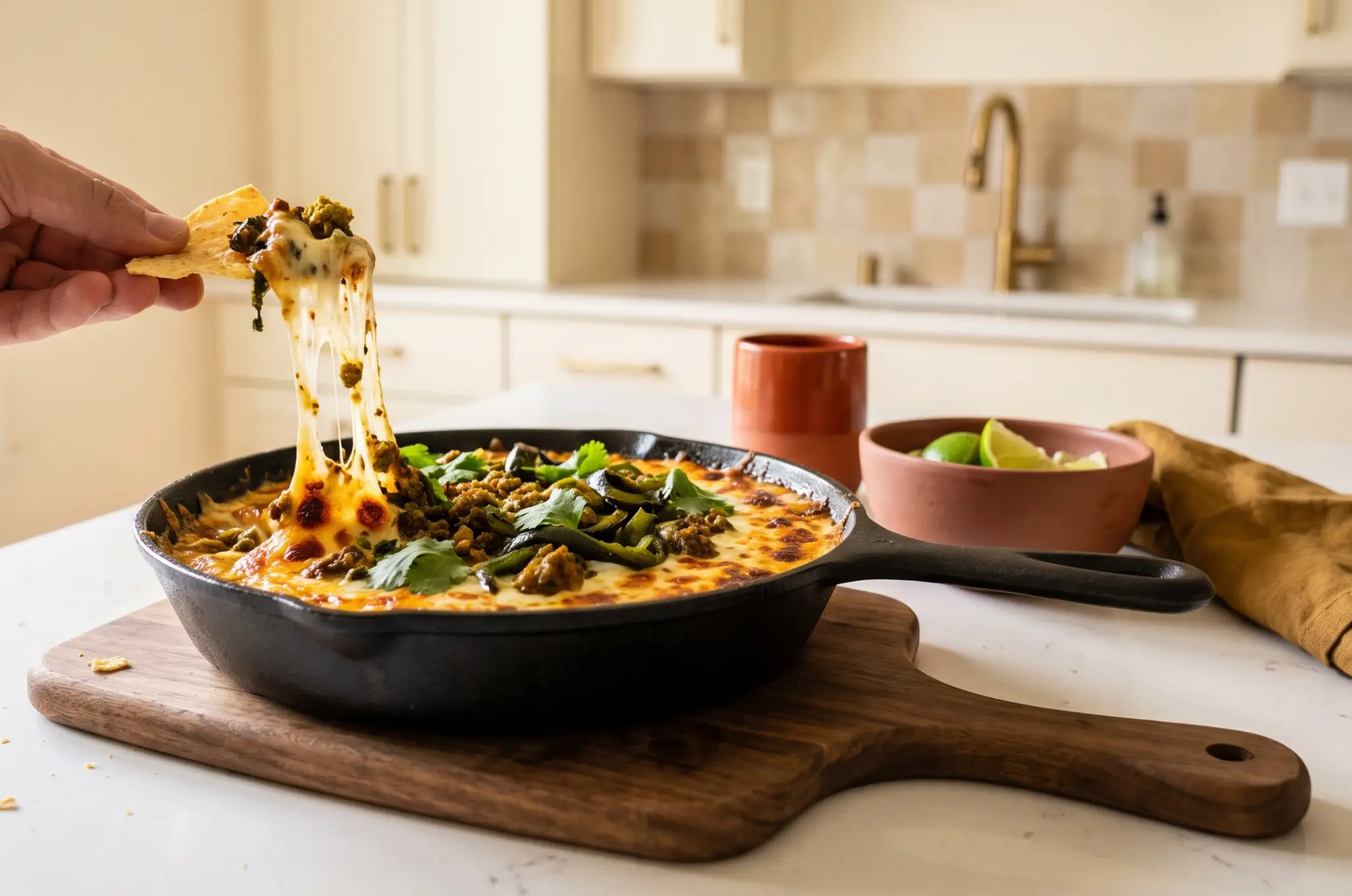 Image of Pro Chefly skillet queso with melted cheese, seasoned beef, roasted peppers, cilantro, and a tortilla chip cheese pull.