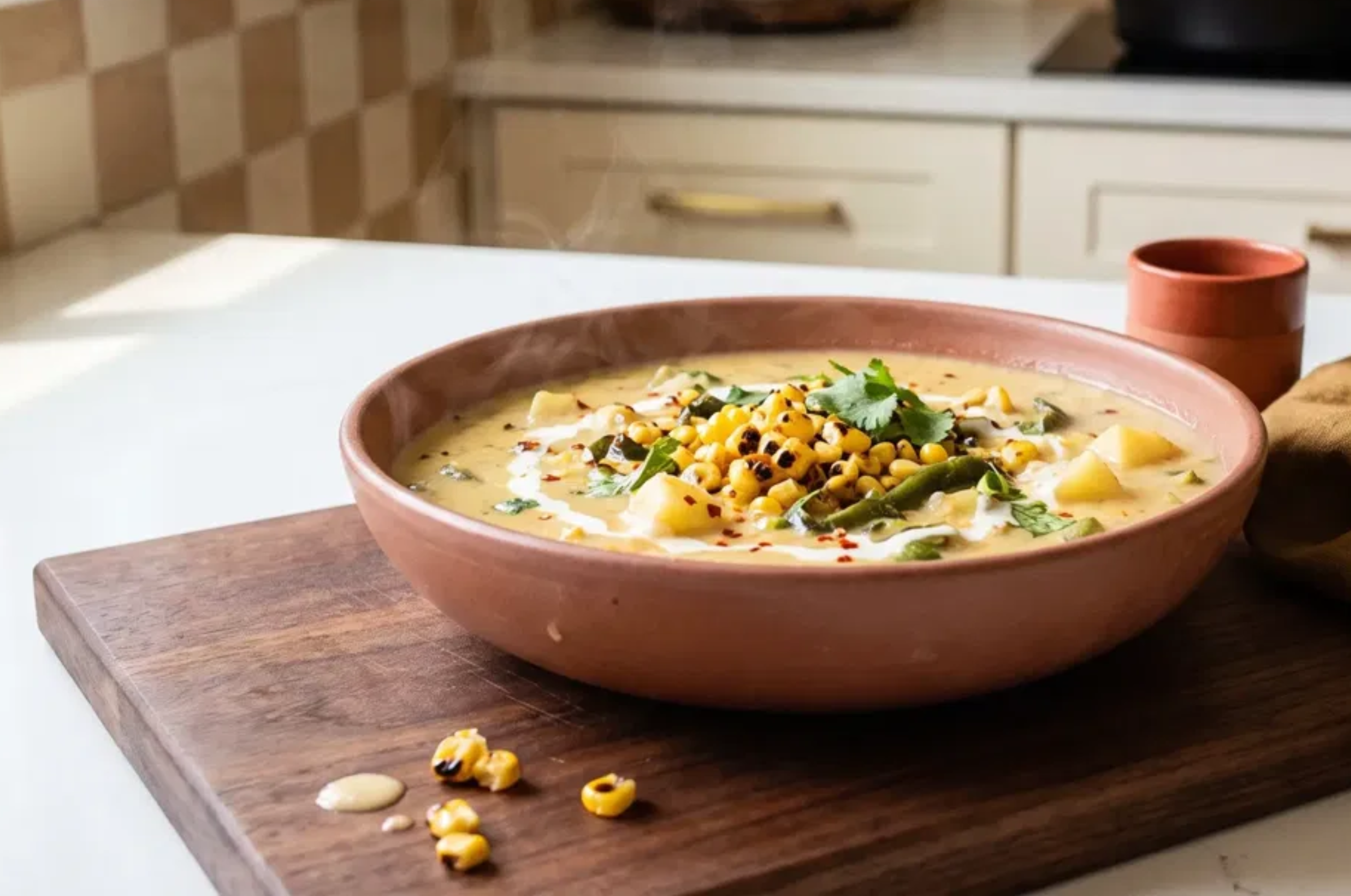 Image of Pro Chefly creamy corn chowder with roasted corn, potatoes, green chiles, cilantro, and a drizzle of cream.