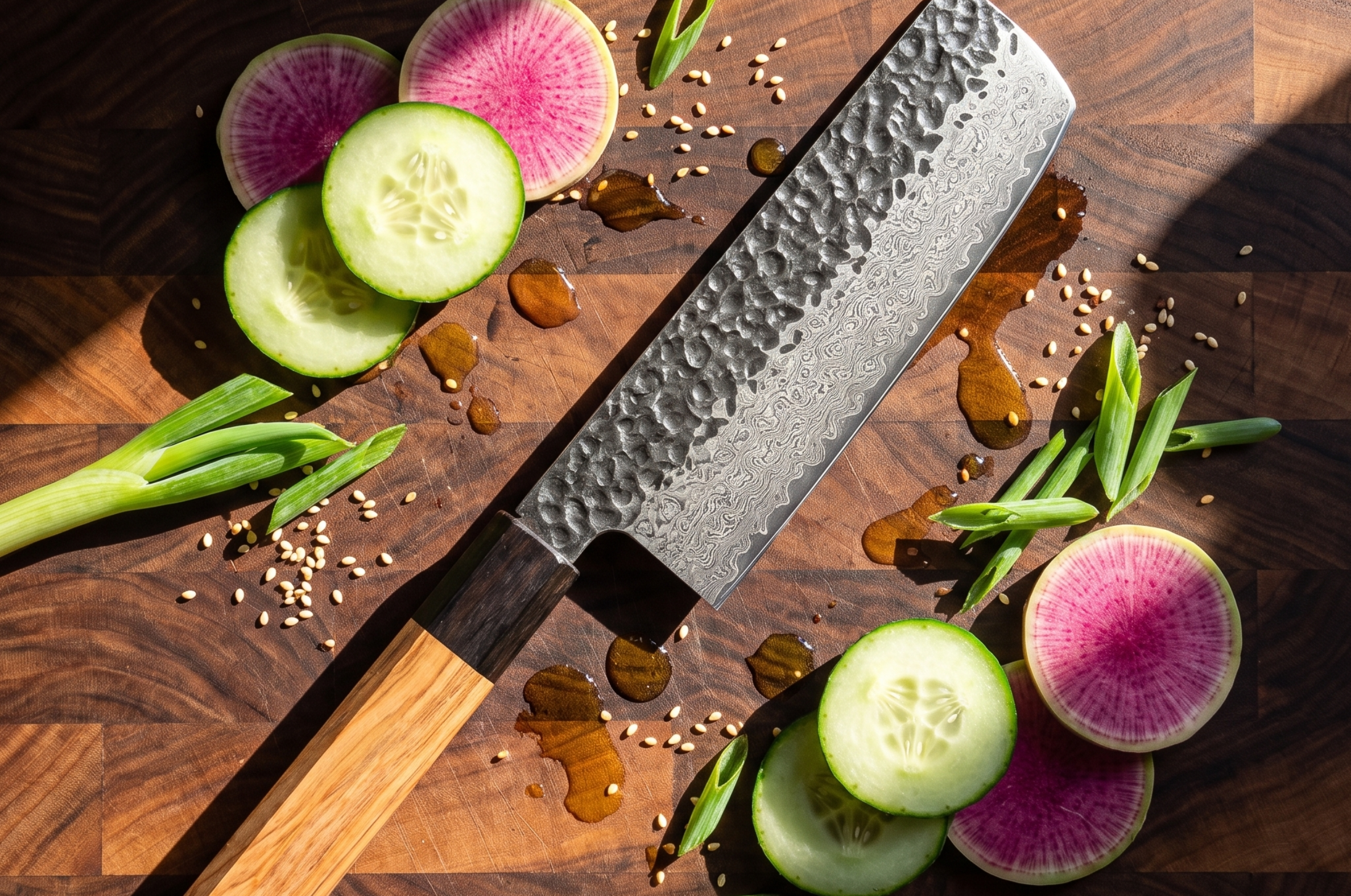 Image of Pro Chefly Damascus Nakiri knife with a hammered blade surrounded by sliced cucumber, watermelon radish, green onions, and sesame seeds.