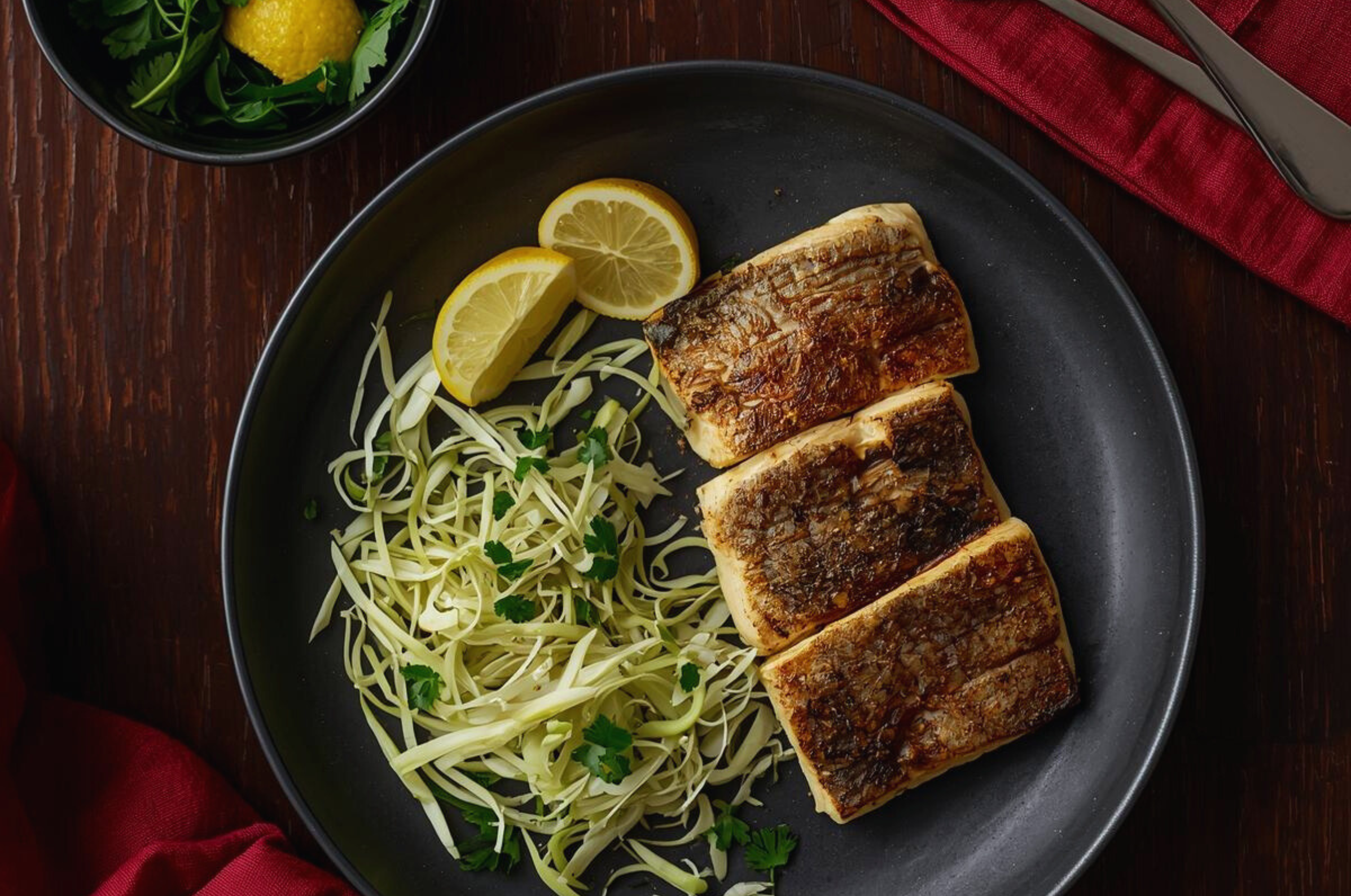 Image of Pro Chefly seared fish fillets with crispy skin served with shaved fennel salad and lemon slices on a matte black plate.