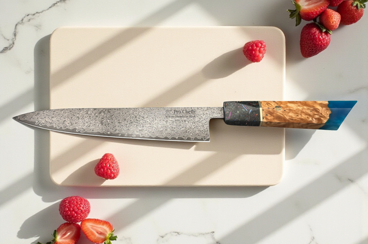 Pro Chefly Damascus chef knife with an artisan blue-tipped wood handle on a cutting board surrounded by berries, highlighting premium kitchen craftsmanship.