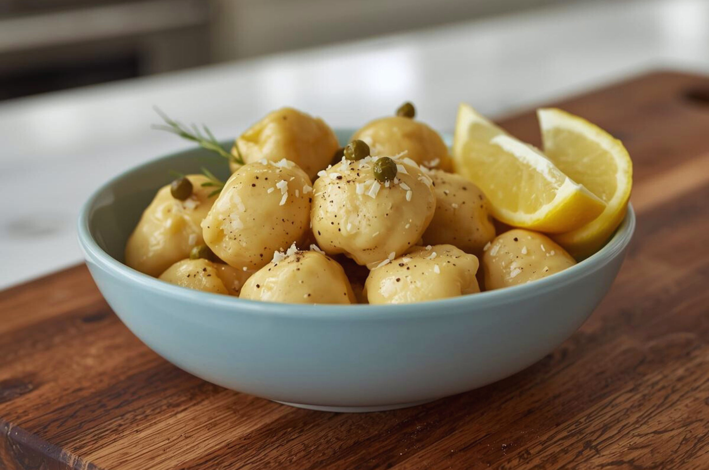 Image of Pro Chefly lemon ricotta gnudi with butter sauce, capers, parmesan, and cracked pepper served in a light blue bowl.