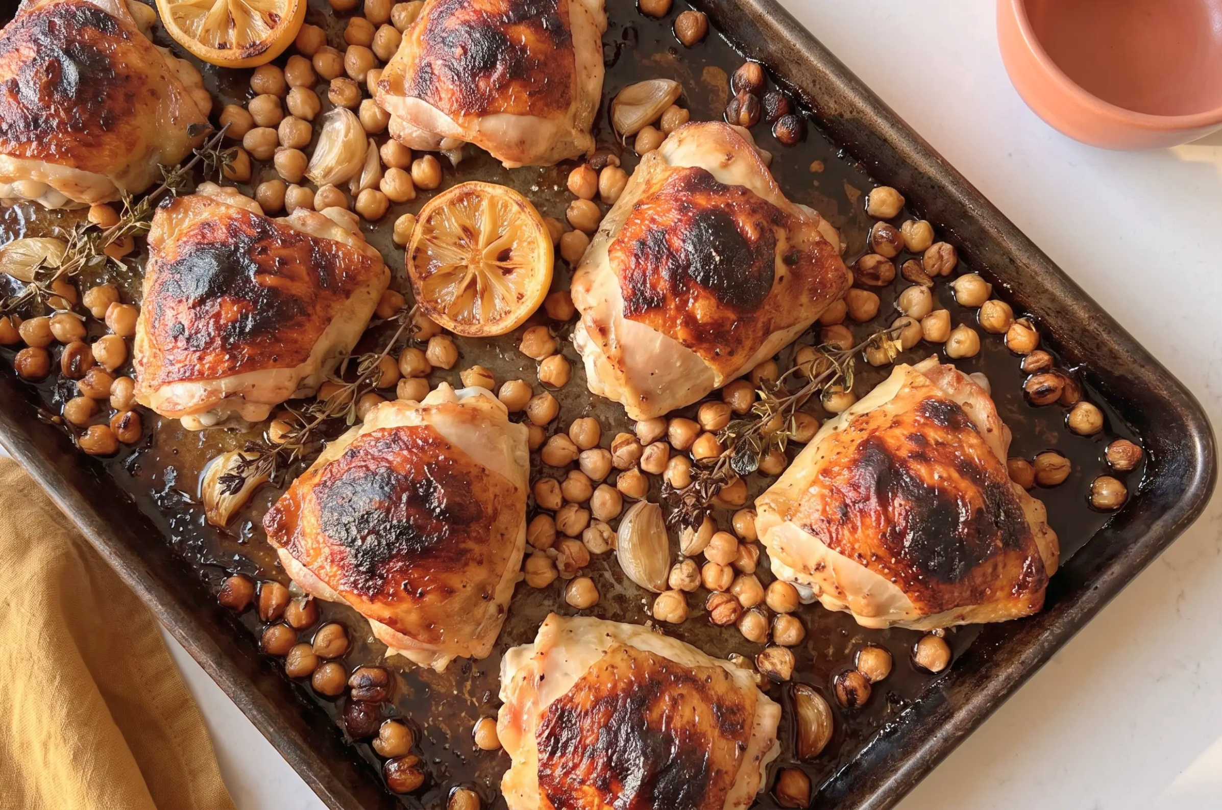 Image of Pro Chefly roasted chicken thighs with crispy golden skin, chickpeas, caramelized lemon, garlic, and fresh thyme.