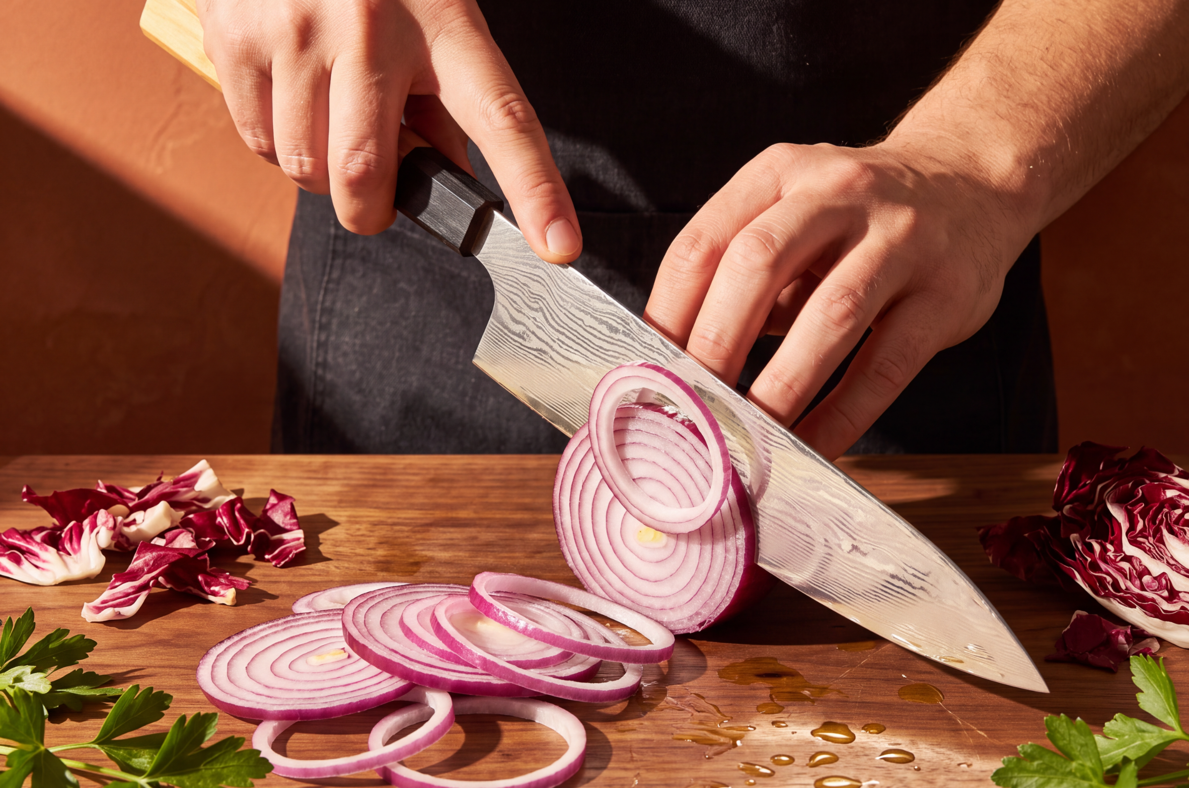 Image of Pro Chefly Damascus chef knife slicing red onion on a wooden cutting board with radicchio and fresh parsley.