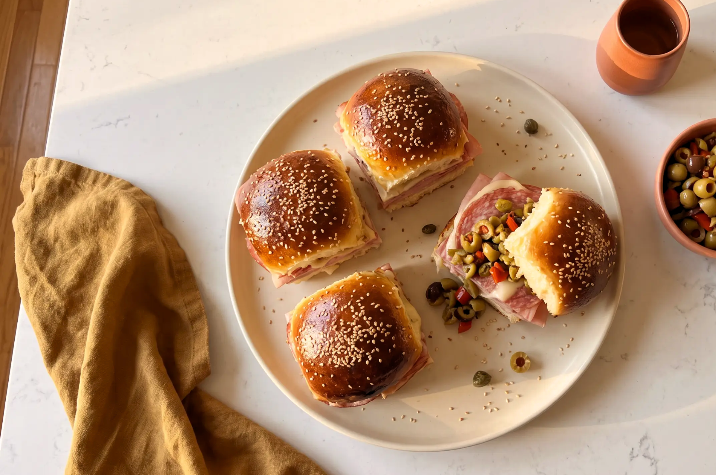 Image of Pro Chefly muffuletta sliders with sesame buns, Italian meats, melted cheese, and savory olive salad.