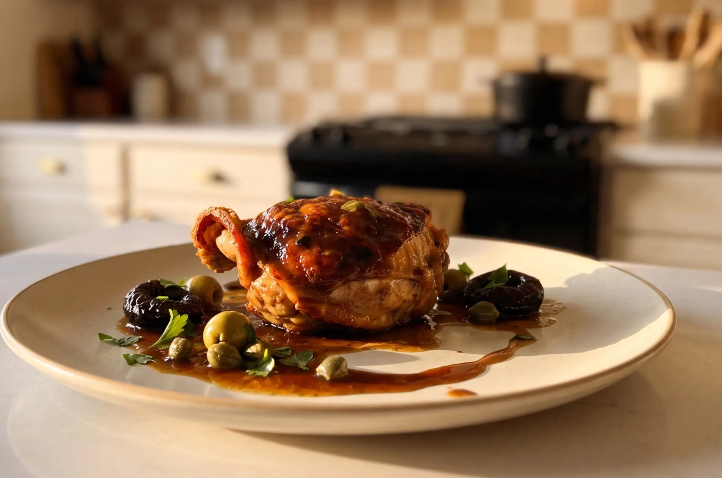 Image of Pro Chefly roasted chicken thigh with a rich savory glaze, green and black olives, capers, and fresh herbs.