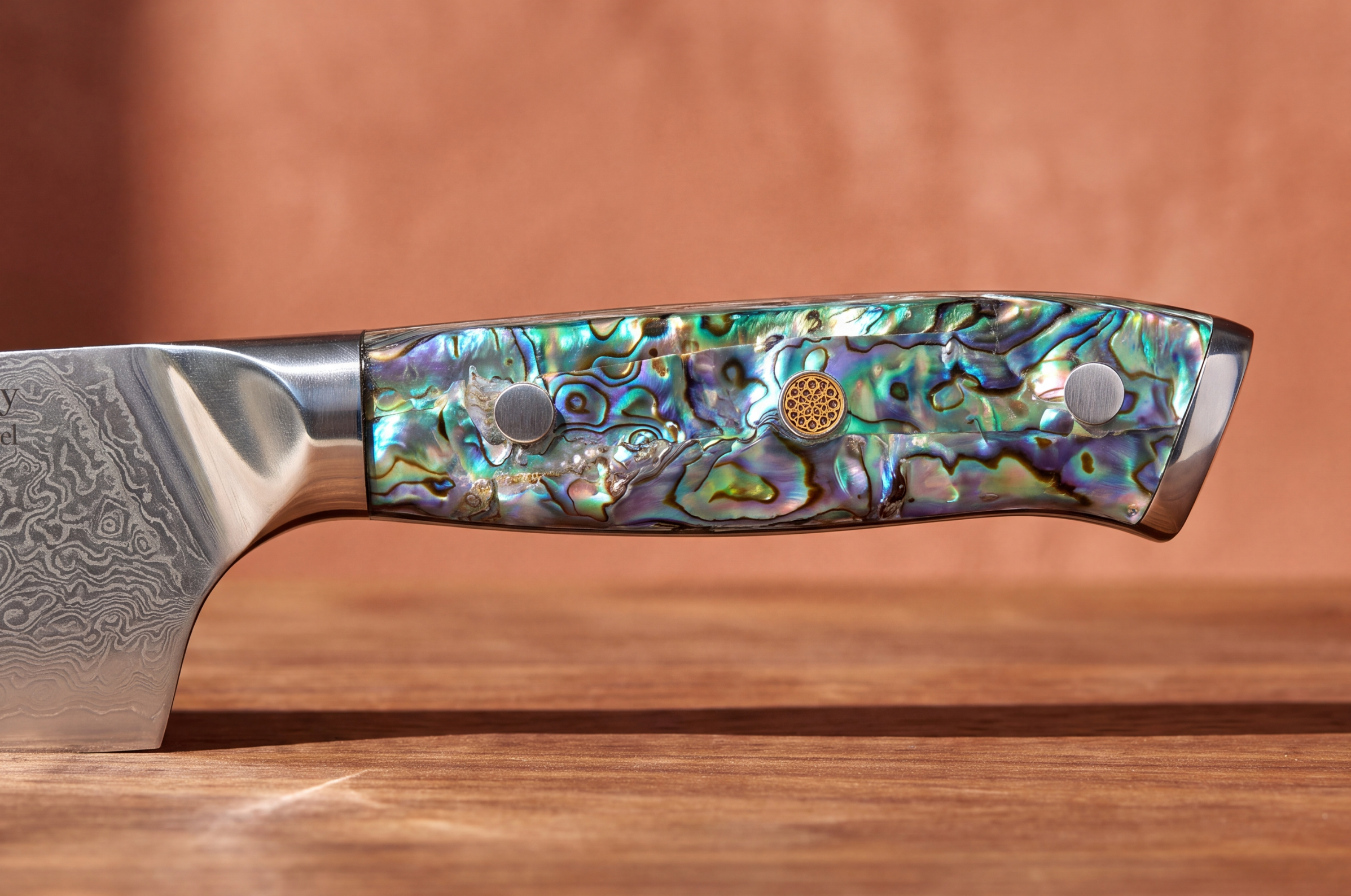 Image of Pro Chefly Damascus Santoku knife with a vibrant abalone shell handle and polished metal accents.