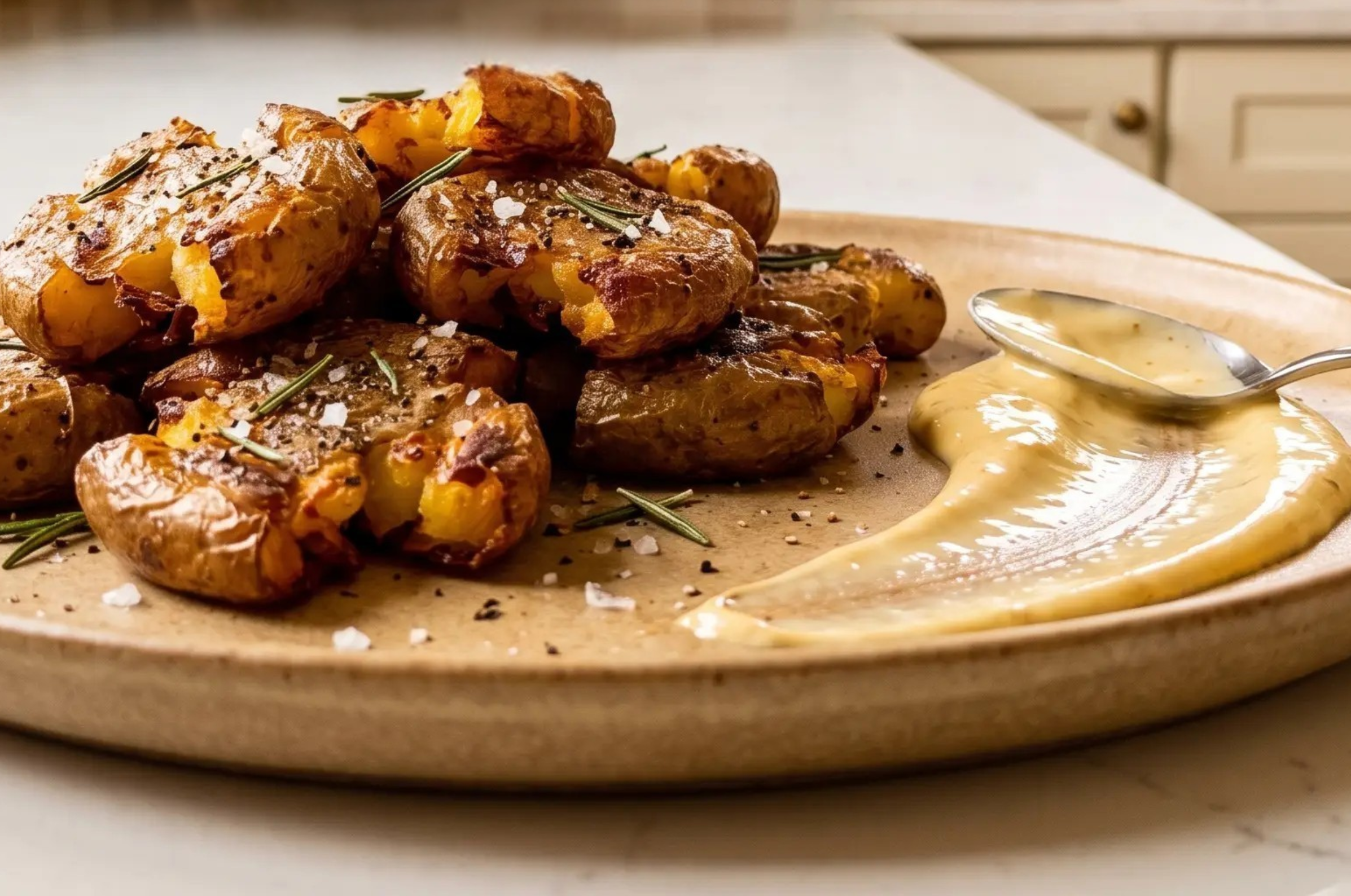 Image of Pro Chefly crispy smashed potatoes with rosemary, flaky sea salt, black pepper, and creamy dipping sauce.