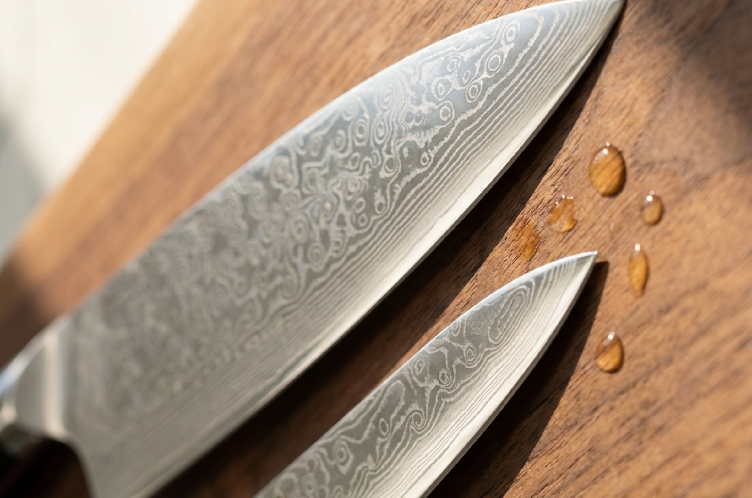 Image of Pro Chefly Damascus chef knife and paring knife blades showcasing detailed Damascus steel patterns on a wooden cutting board.