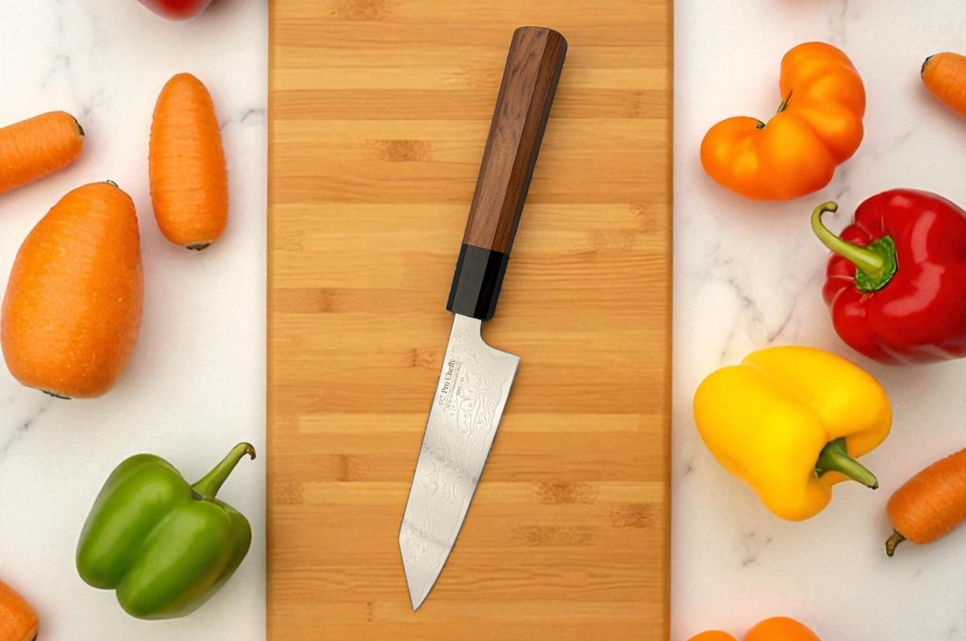 Image of Pro Chefly Japanese Damascus bunka knife on a wooden cutting board surrounded by fresh vegetables, showcasing angular tip precision, clean design, and vibrant kitchen prep setting