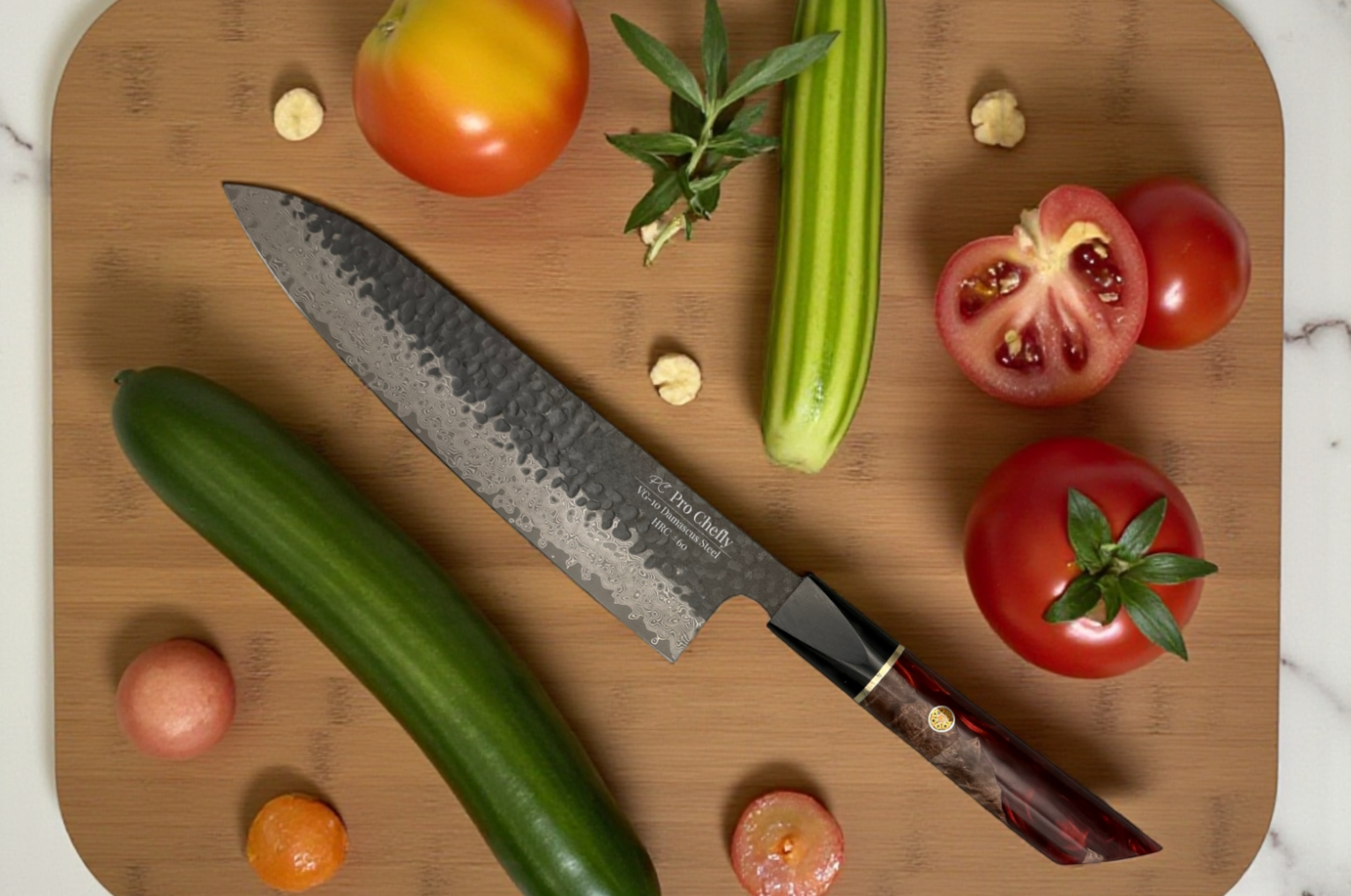 Image of Pro Chefly Damascus chef knife with Japanese steel on a bamboo cutting board, surrounded by fresh tomatoes, cucumber, garlic, and herbs.