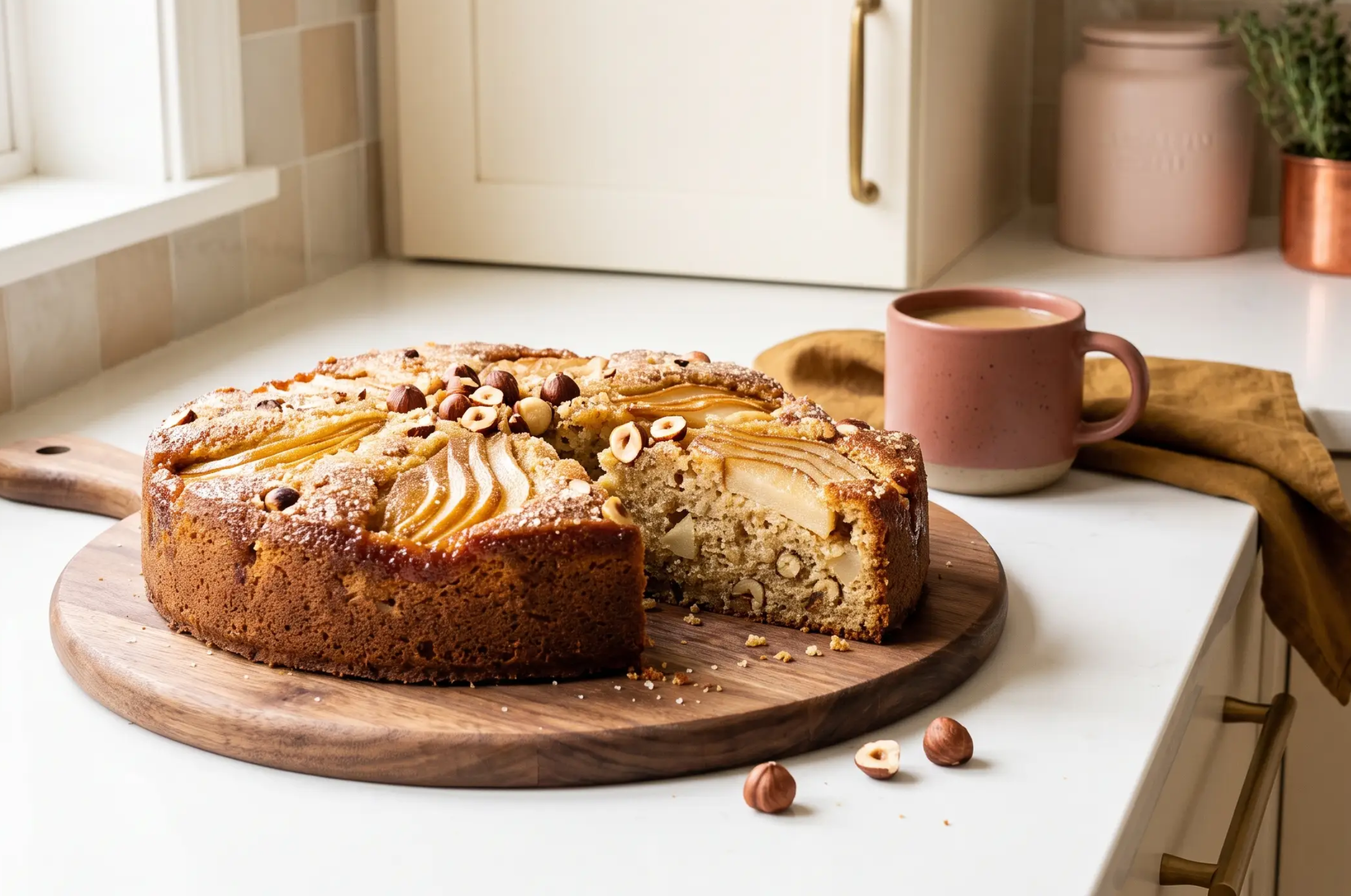 Image of Pro Chefly pear and hazelnut cake topped with sliced pears and toasted hazelnuts, served alongside a warm cup of coffee.