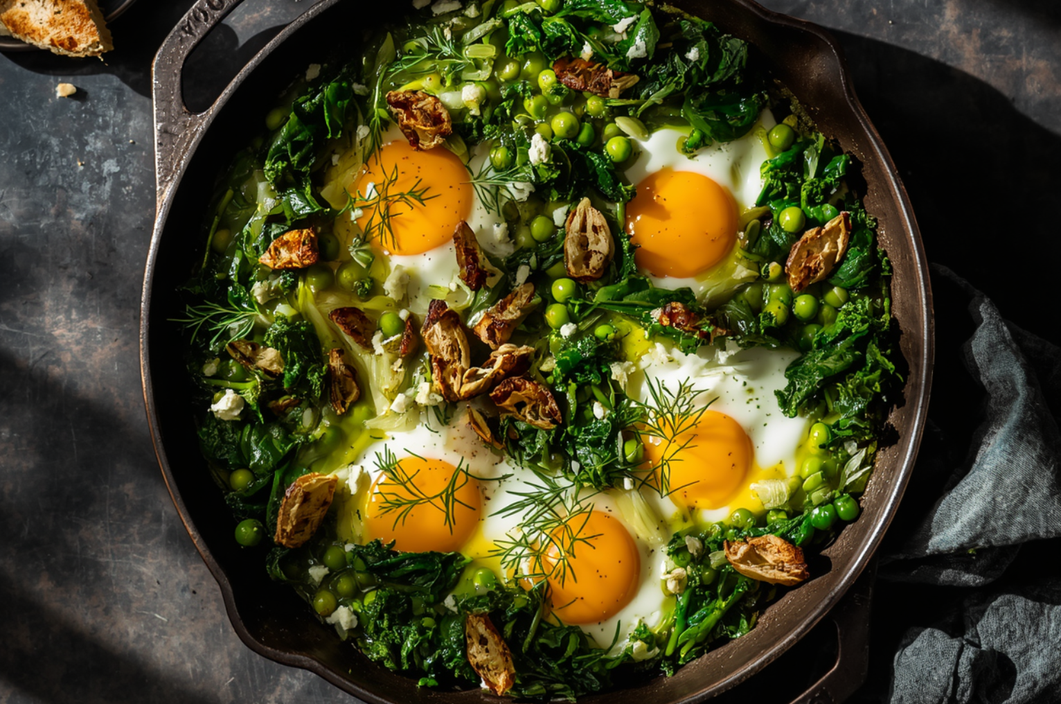 Image of Pro Chefly spring green shakshuka with baked eggs, spinach, peas, and fresh herbs, finished with crispy shallots and vibrant golden yolks in a cast iron skillet