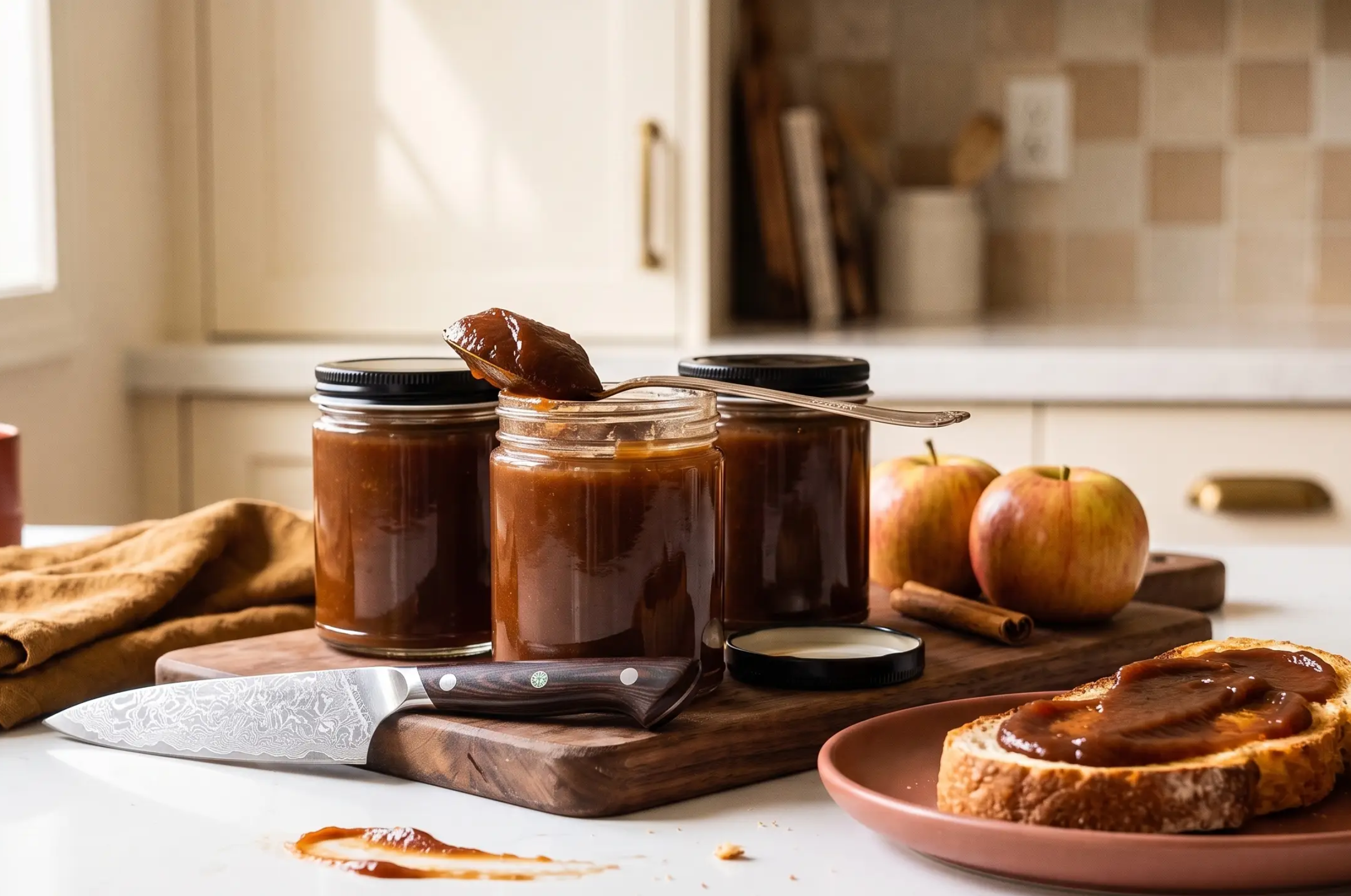 Image of Pro Chefly homemade apple butter with fresh apples, cinnamon, rustic bread, and a Damascus paring knife.