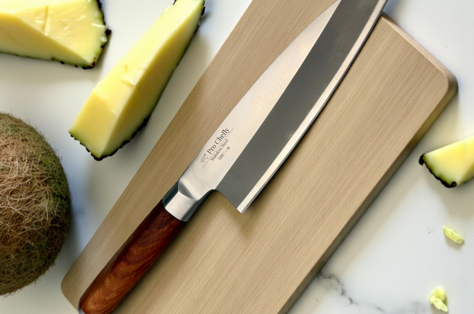 Image of Pro Chefly Japanese knife slicing fresh avocado on a wooden cutting board, showcasing precision blade edge, smooth cuts, and clean minimal food prep presentation