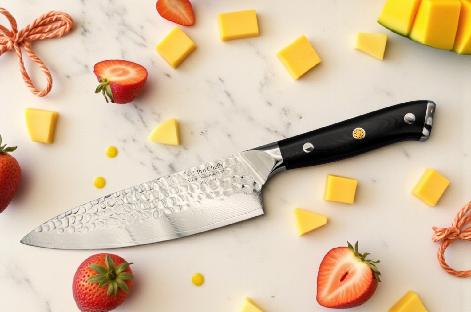 Image of Pro Chefly Japanese Damascus knife styled with sliced mango, strawberries, and fresh fruit on a marble surface.
