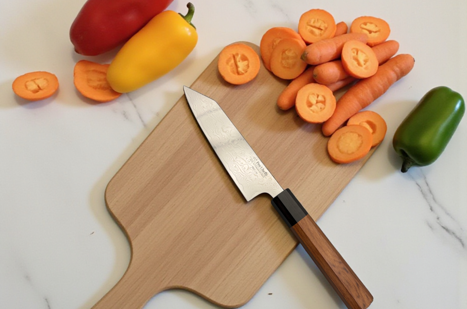 Image of Pro Chefly Damascus knife on a wooden cutting board with sliced carrots and bell peppers, highlighting clean cuts and Japanese knives precision.