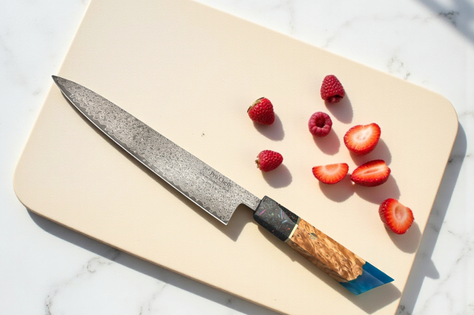 Image of Pro Chefly Damascus Japanese chef knife resting on a cutting board with sliced strawberries, highlighting blade pattern and precision.