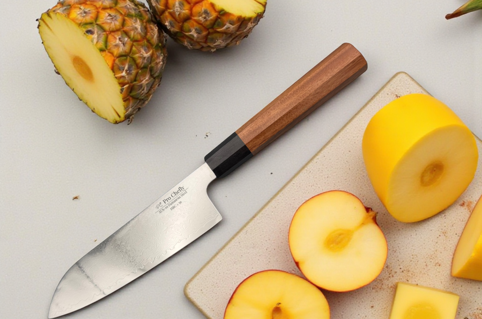 Image of Pro Chefly Damascus santoku knife with Japanese steel slicing fresh fruit on a cutting board.