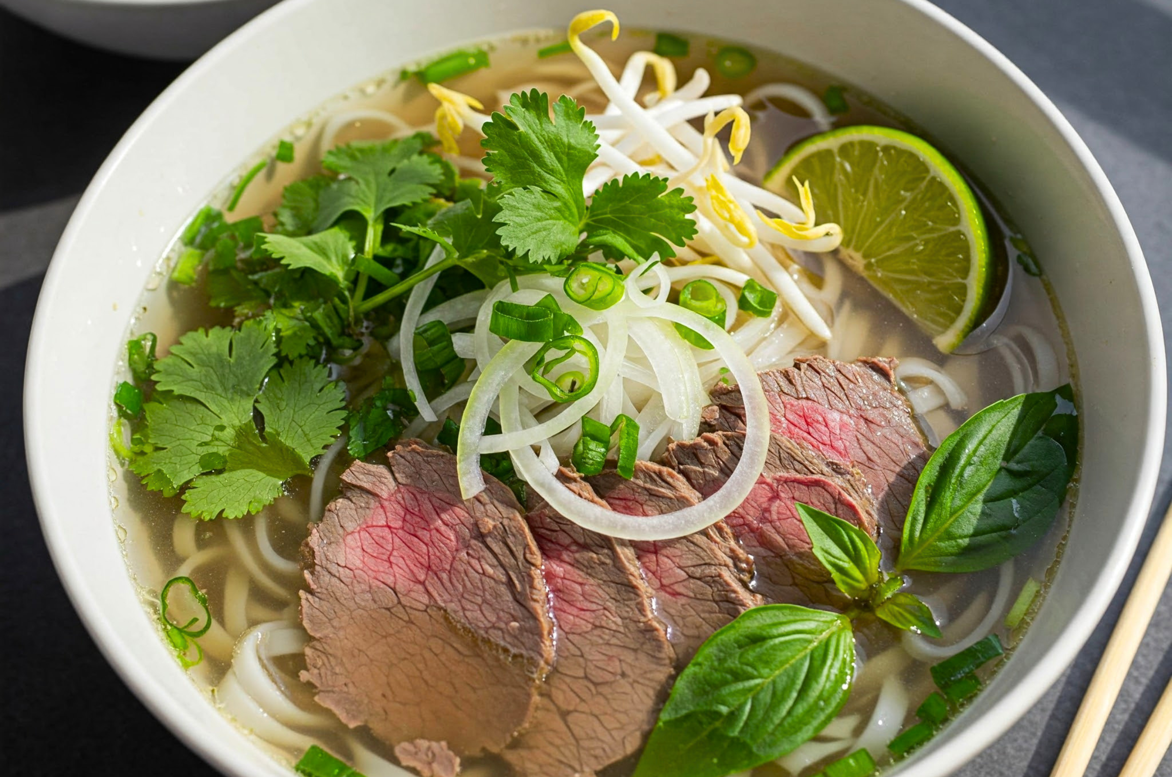 Image of Pro Chefly Vietnamese pho with tender sliced beef, rice noodles, fresh herbs, bean sprouts, lime, and onion, showcasing a clear aromatic broth and vibrant, authentic presentation