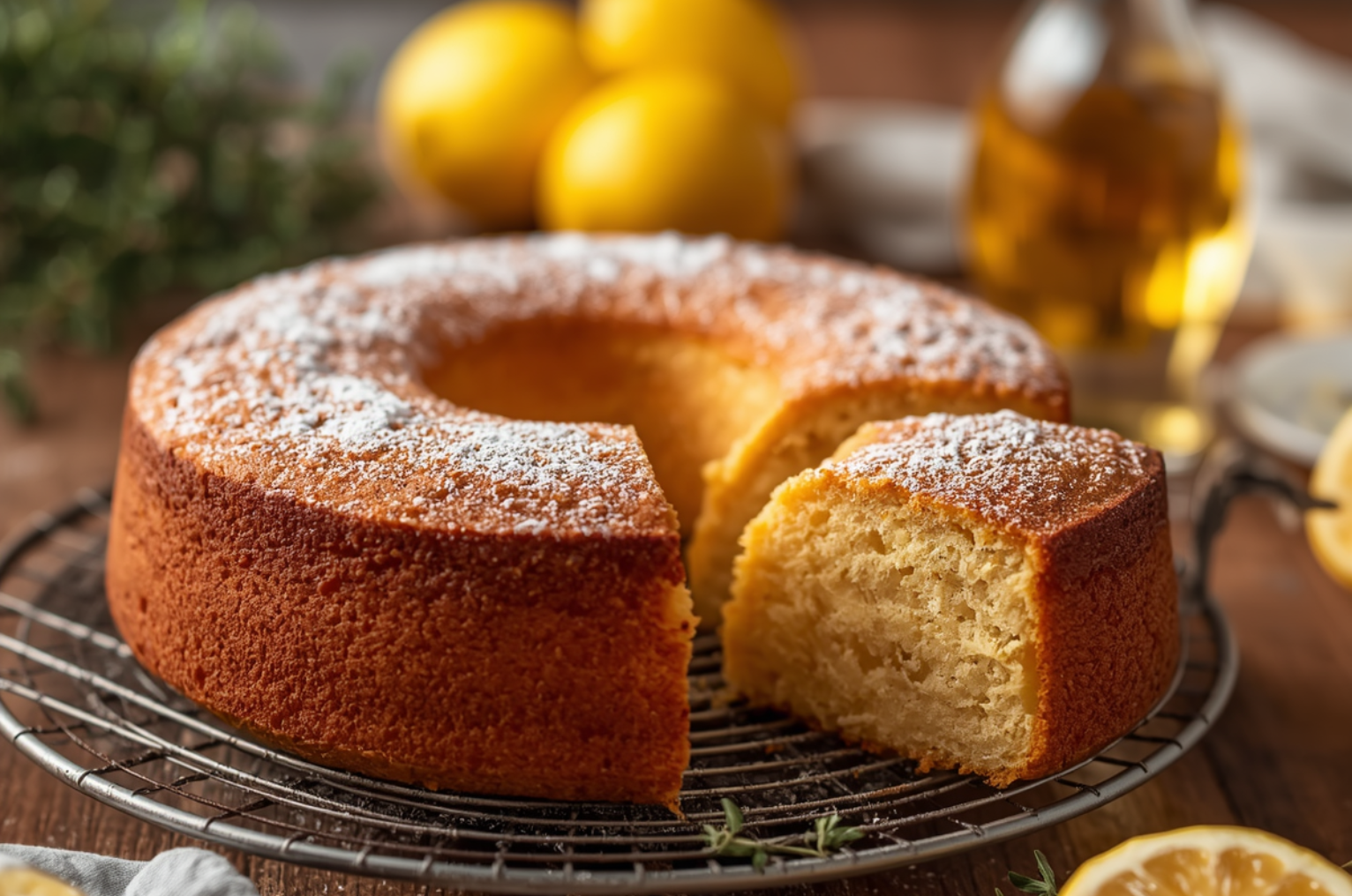 Image of Pro Chefly olive oil lemon cake with a golden crust and moist crumb, dusted with powdered sugar and sliced to reveal soft texture, styled with fresh lemons and olive oil for a warm rustic presentation