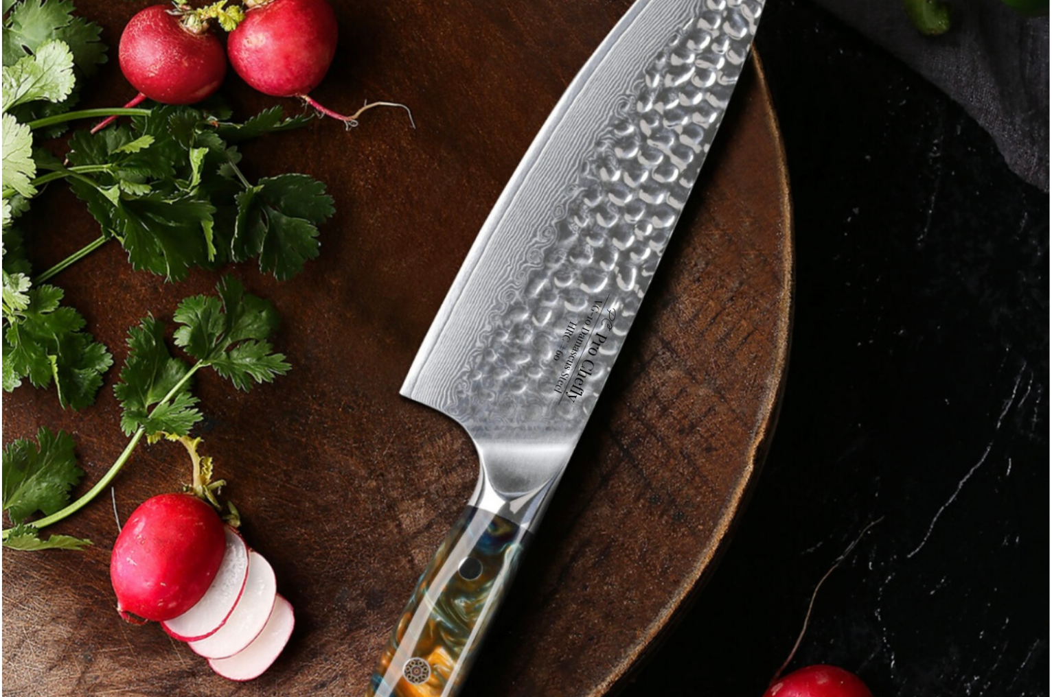 Image of Pro Chefly Damascus Santoku knife with Japanese steel resting beside fresh radishes and herbs on a rustic board.